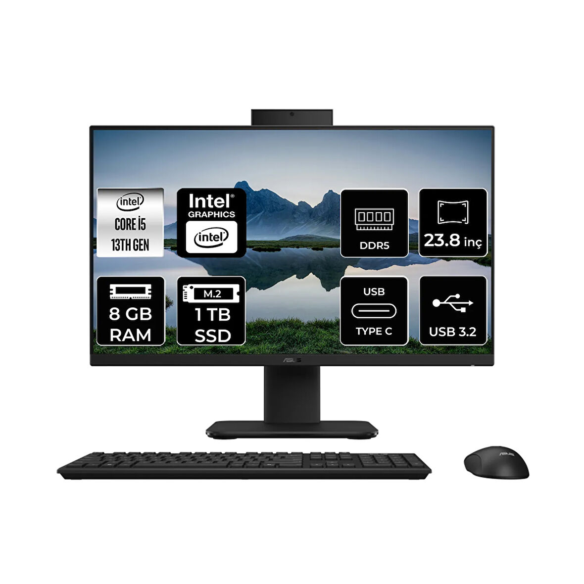 Asus V440 Intel Core i5 13420H 8GB 1TB SSD 23.8" FHD FDOS All in One Bilgisayar Siyah & USB Bellek