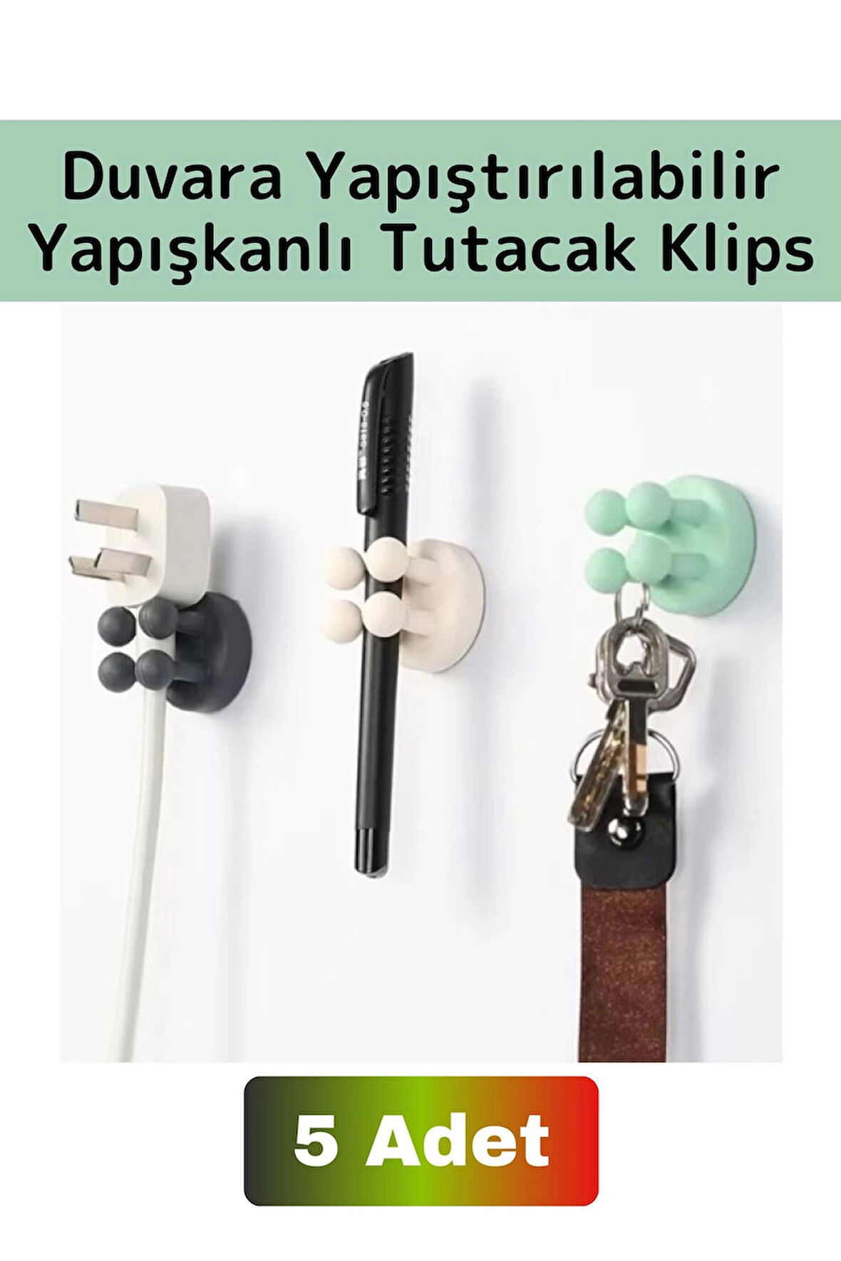 Premium Uzun Ömürlü Silikon Çok Amaçlı Yapışkanlı Duvara Yapıştırılabilir Pratik Tutucu Klips 5 Adet