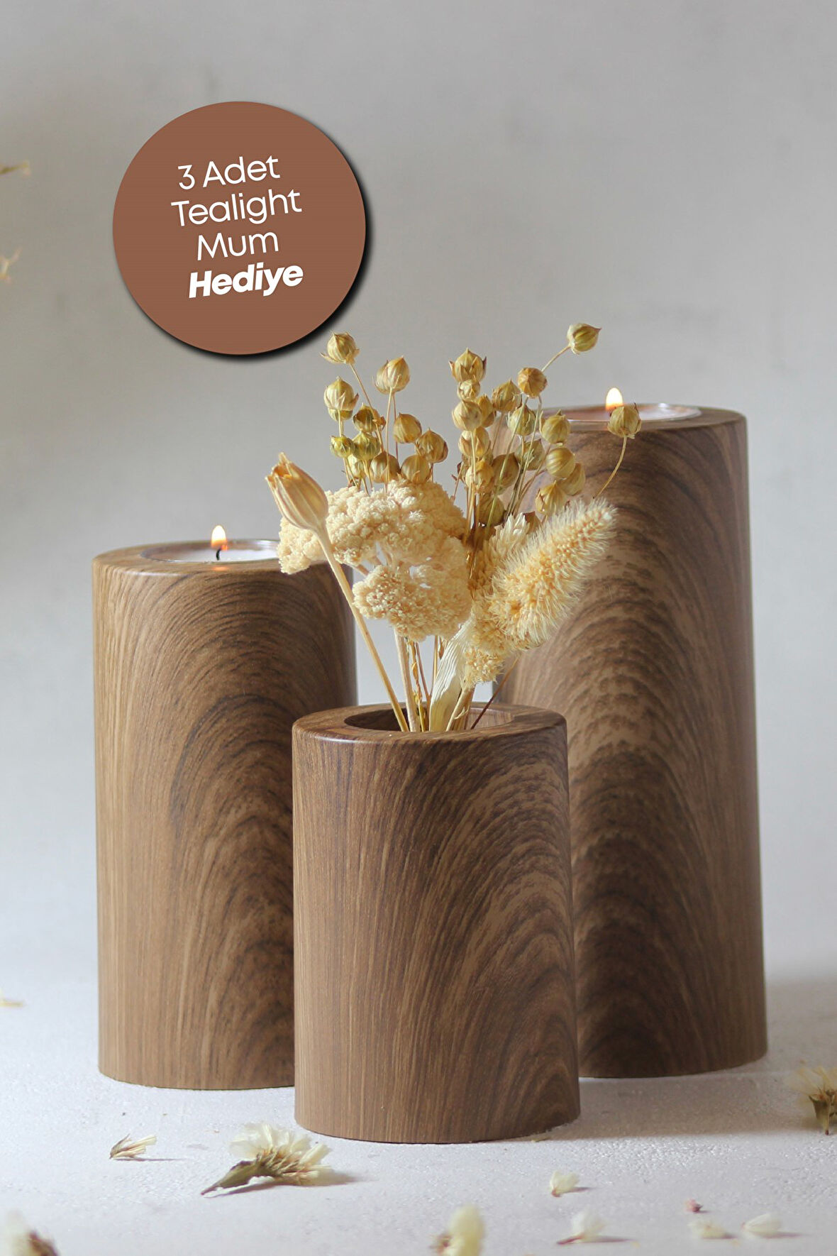 3 Lü Ahşap Kaplama Yüzey Mumluk Dekoratif  Tealight Set Mum Abs Plastik