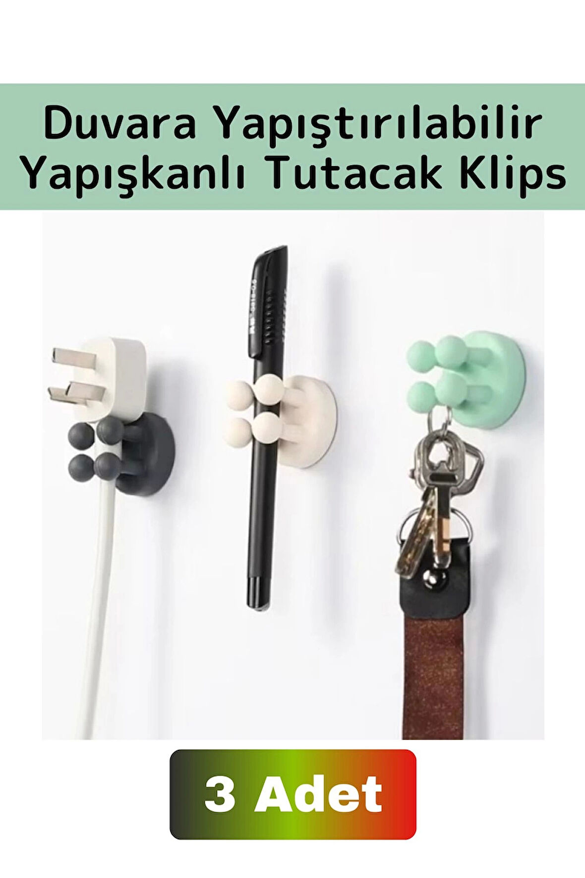 Premium Uzun Ömürlü Silikon Çok Amaçlı Yapışkanlı Duvara Yapıştırılabilir Pratik Tutucu Klips 3 Adet