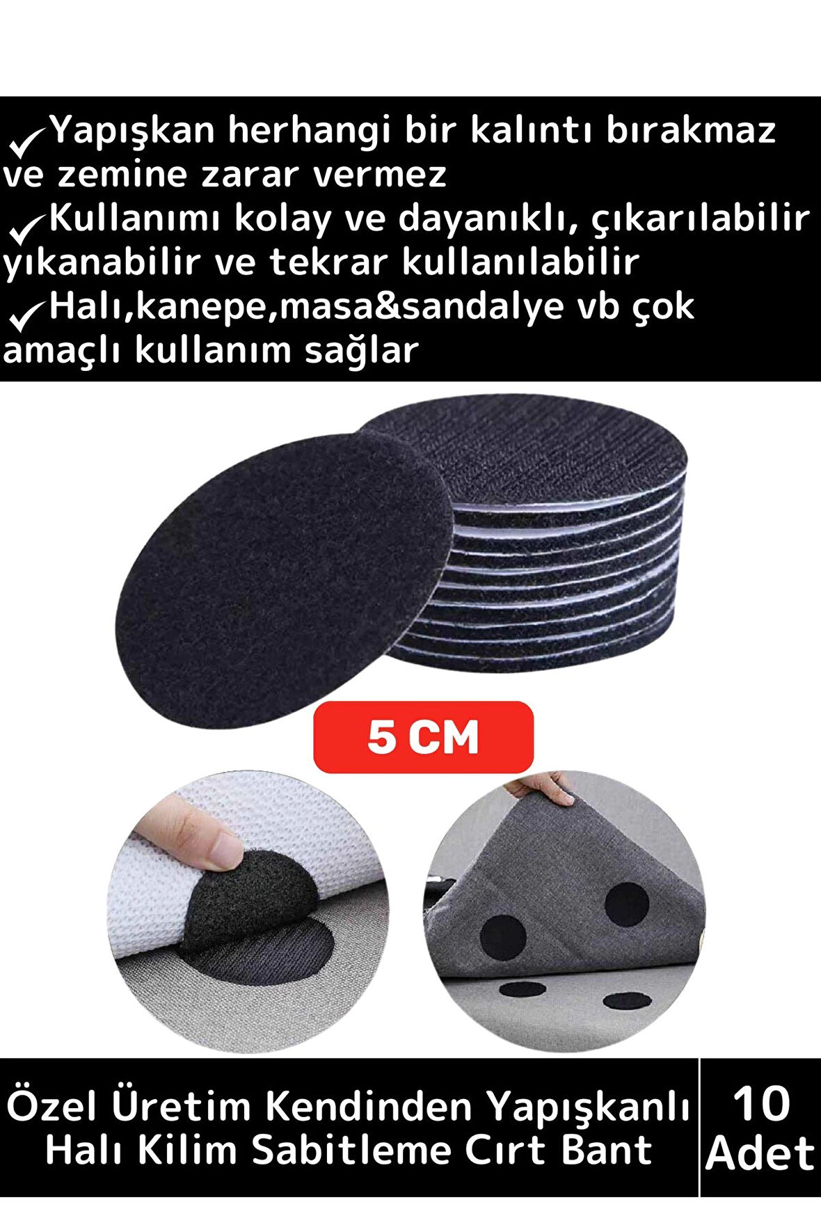 Özel Kendinden Yapışkanlı Yıkanabilir Tekrar Kullanılabilir Halı Kilim Kaydırmaz Cırt Bant 10 Adet