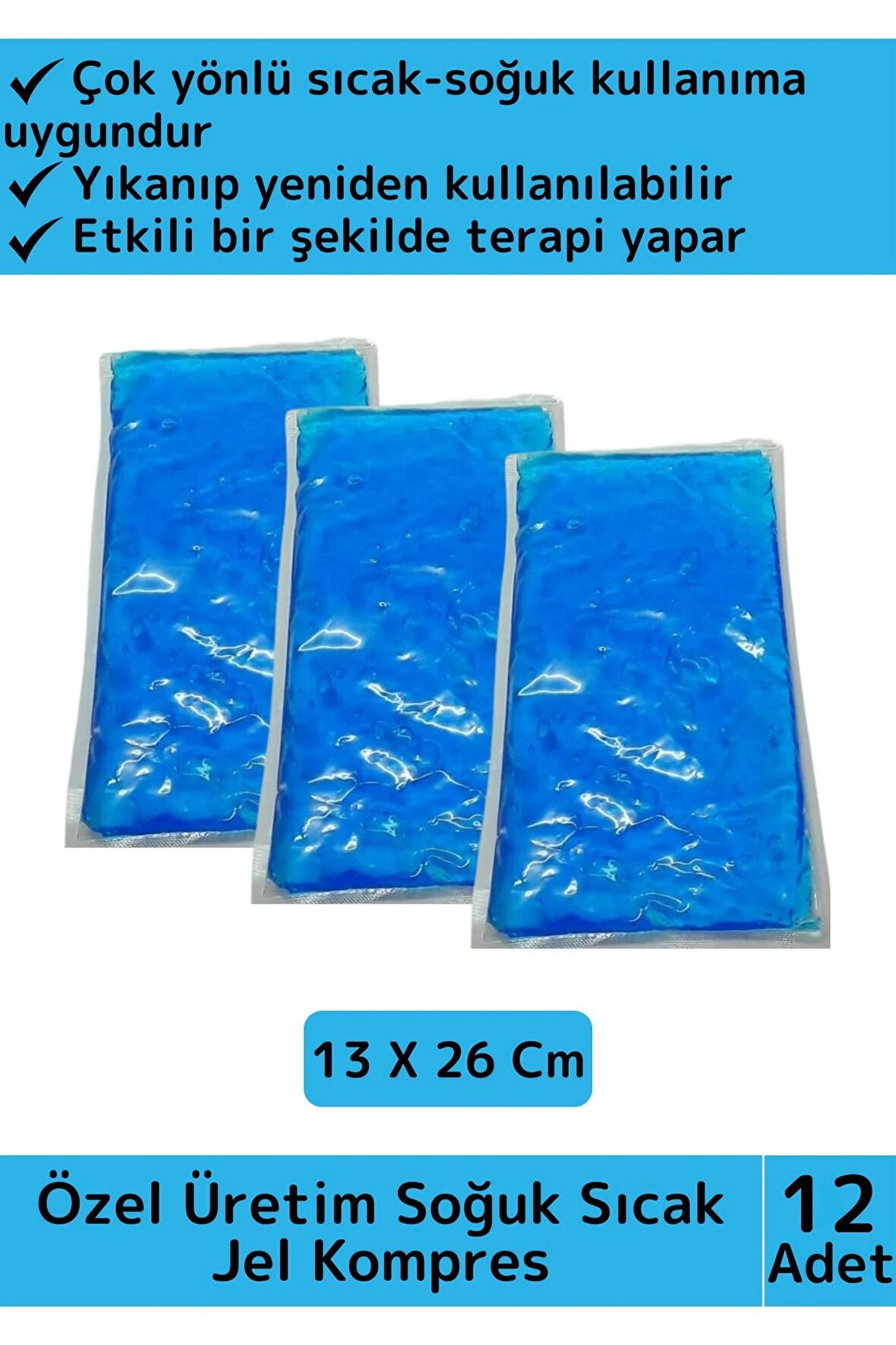 Premium Yıkanıp Tekrar Kullanılabilir İlk Yardım Soğuk Sıcak Jel Kompres Termojel 13 X 26 Cm 12 Adet