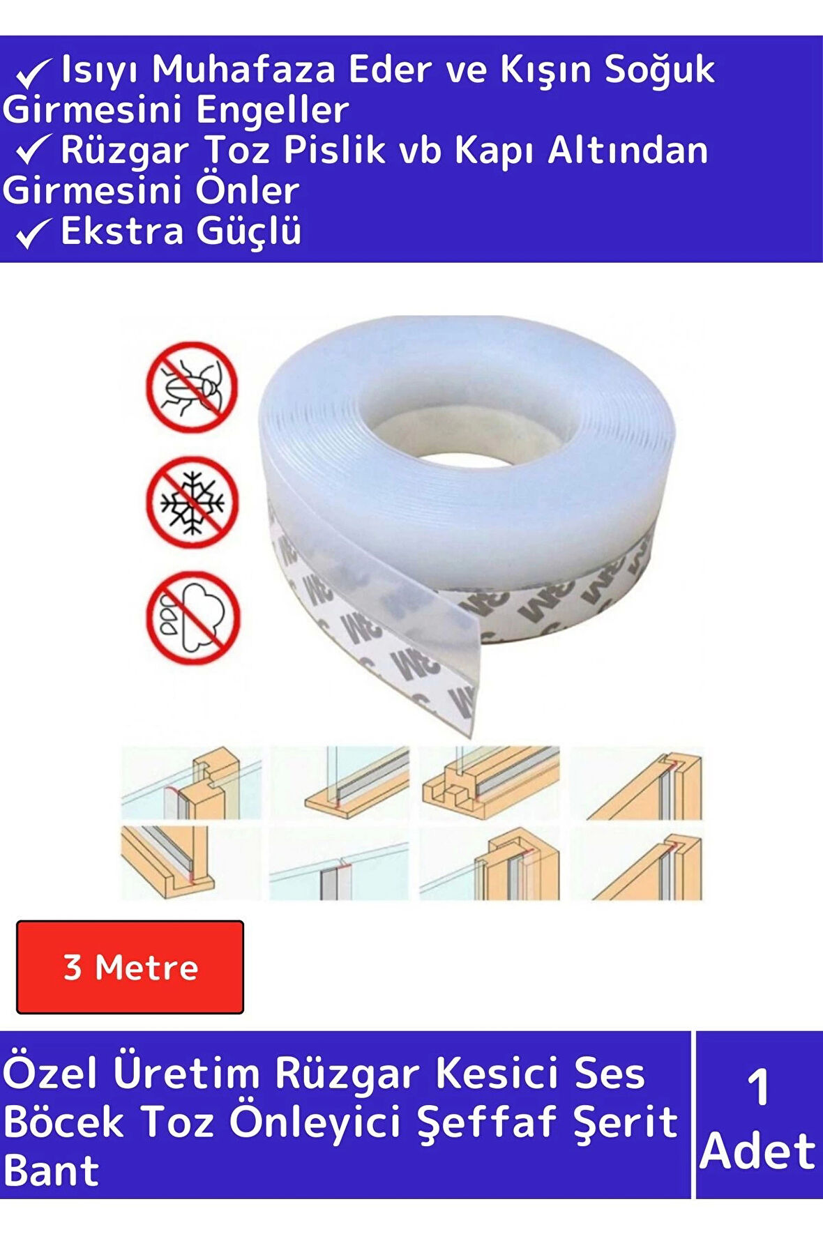 Premium Rüzgar Kesici Ses Böcek Toz Önleyici Kapı Pencere Isı Izolasyon Şeffaf Şerit Bant 3 Mtre