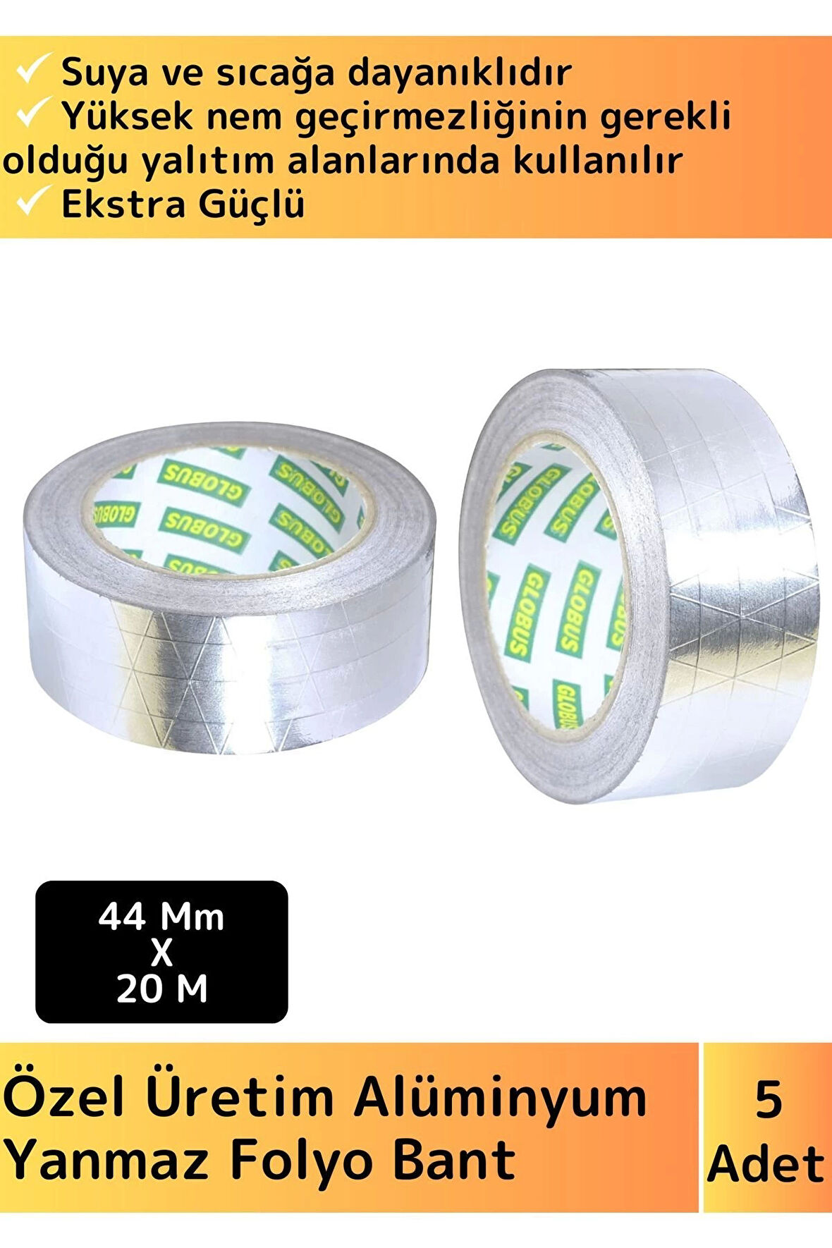 Premium Seri Suya Sıcaklığa Dayanıklı Tamir Soba Boru Yama Alüminyum Yanmaz Folyo Bant 44Mm-20Mt 5Ad