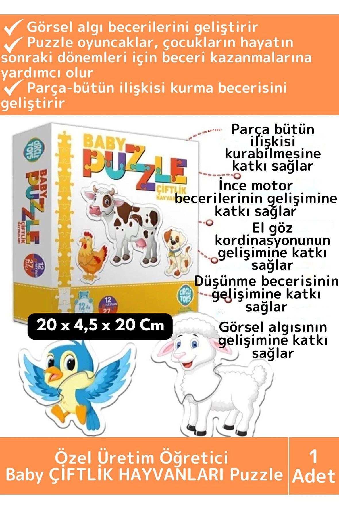 Premium Çocuk El Göz Koordinasyonu Zeka Geliştirici Eğitici Eğlenceli ÇİFTLİK HAYVANLARI Puzzle