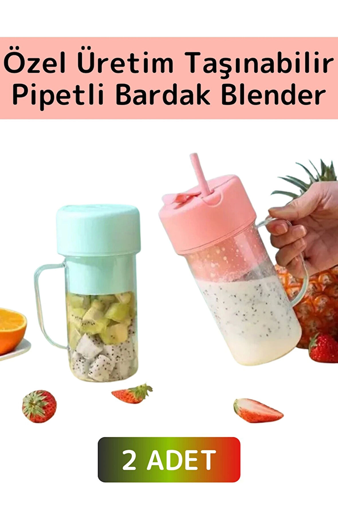 Taşınabilir Ev İş Gündelik Milkshake Meyve Sıkacağı USB Şarjlı Pipetli Bardak Blender 420ML 2 Adet