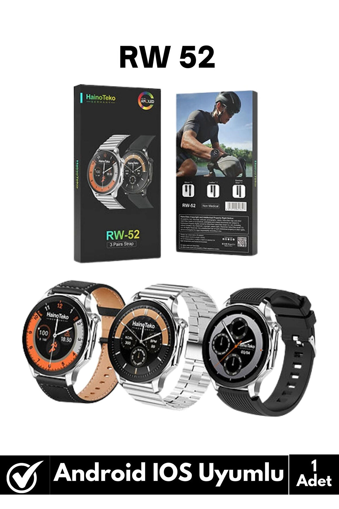 Premium Yeni Seri Rw52 3 Kordon Yuvarlak Amoled Ekran Arama/Bildirim/Sağlık Takibi Watch Akıllı Saat