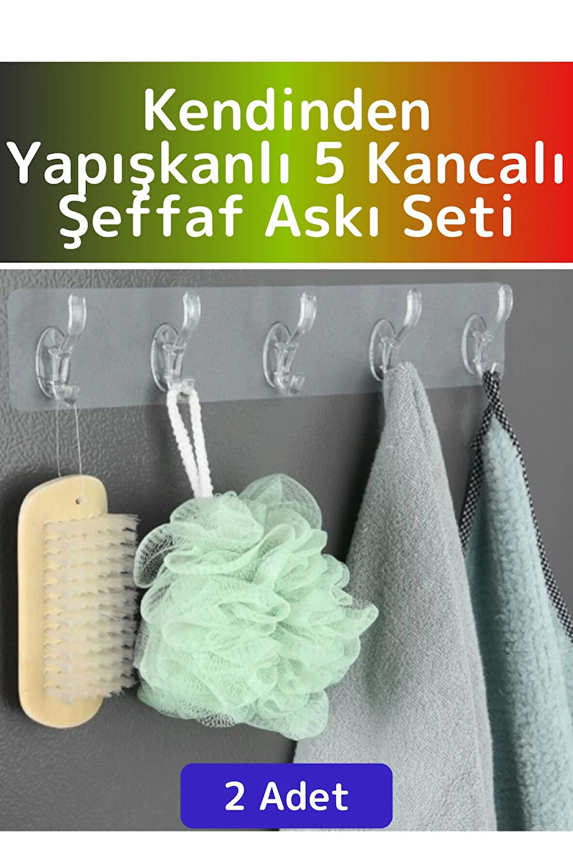 Özel Çok Fonksiyonlu Mutfak Banyo Askısı İz Bırakmaz Kendinden Yapışkanlı 5 Kancalı Askı Seti 2 Adet