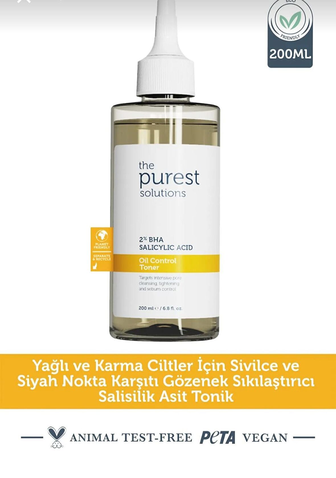 The Purest Solutions Bha %2 Oil Control Toner & Siyah Nokta Hedefli, Yağlanma, Gözenek Dengeleyici Tonik 200ML