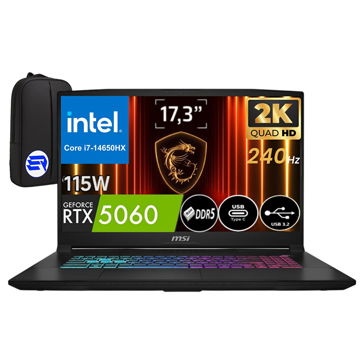 Msi Katana 17 Hx B14WFK-252XTREP7 Intel Core I7-14650HX 48GB 2tb SSD RTX5060 115W 17.3" WIN11 Pro 240Hz Qhd + Elektropasaj Çanta