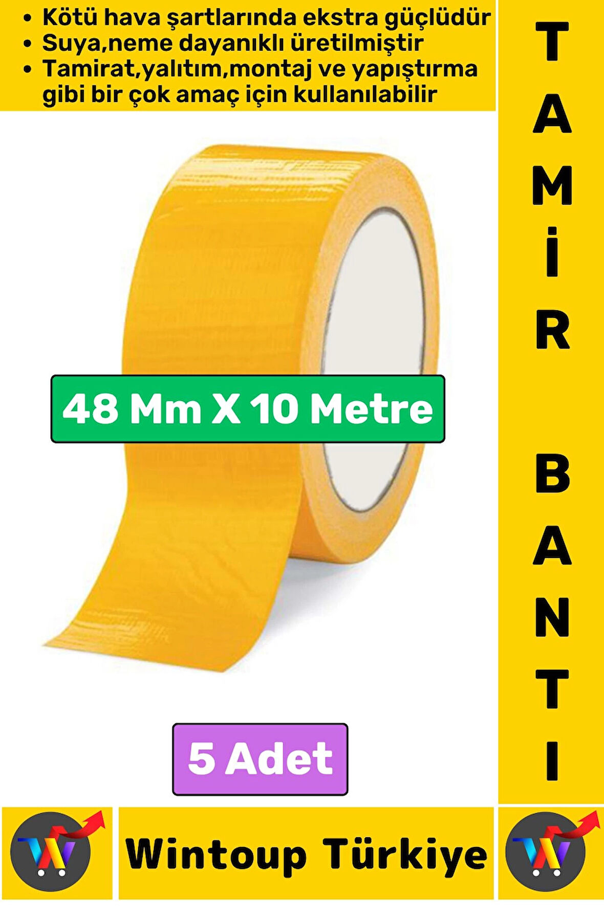 Ultra Güçlü Su Neme Dayanıklı Çok Amaçlı Montaj Onarım İzolasyon Tamir Bantı Sarı 48 Mmx10 Mtr 5 Adt