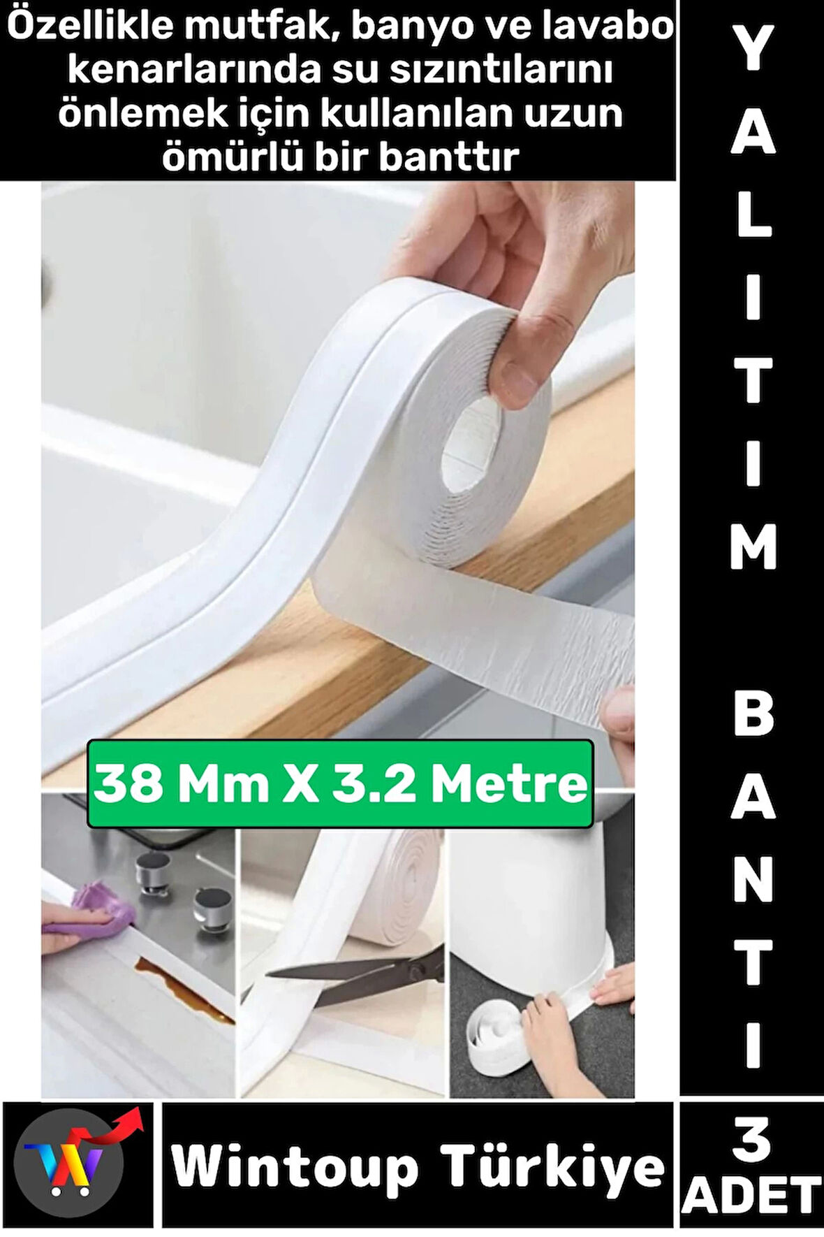 Dayanıklı Lavabo Kenar Küvet Pvc Su Sızdırmaz Yağ Küf Kir Önleyici Yalıtım Bantı 3.2 Metre 3 Adet