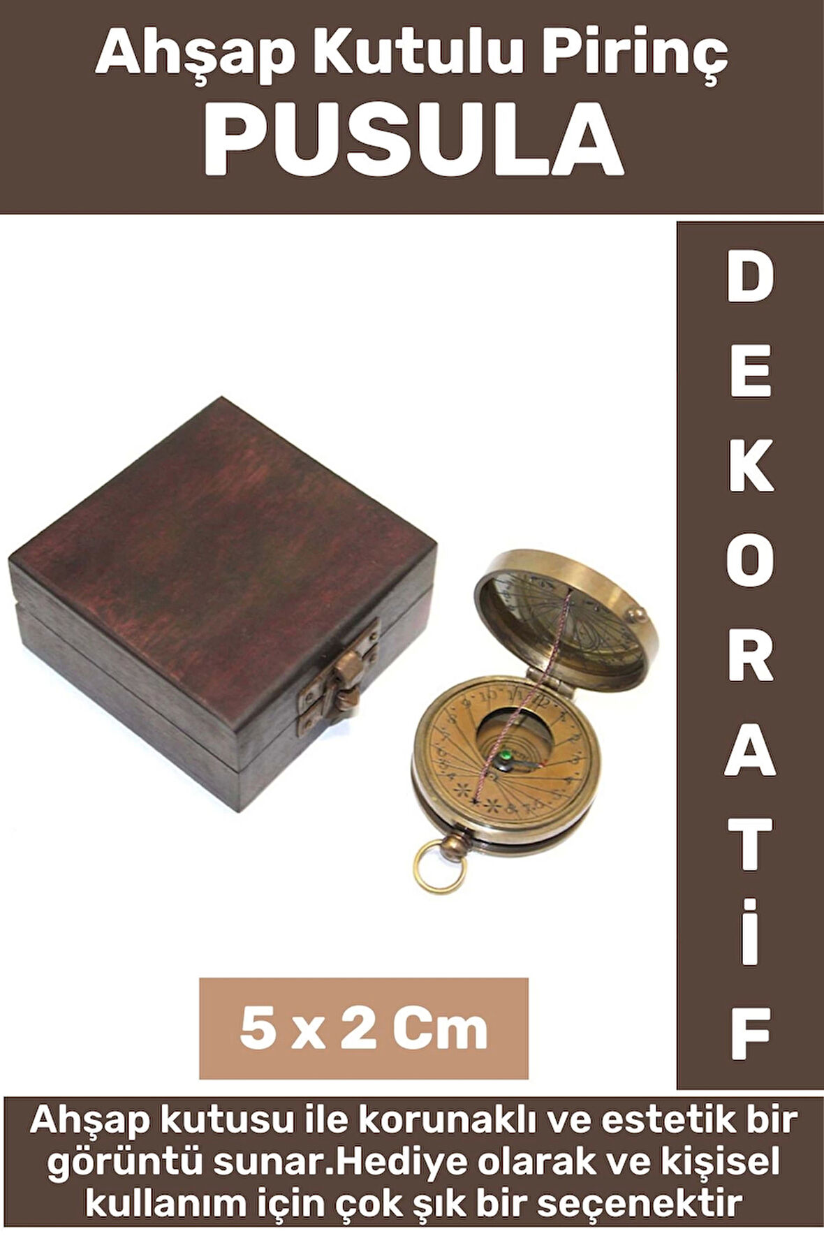 Premium Seri Erkek Arkadaş Sevgili Hediyelik Koleksiyon Dekoratif Ahşap Kutulu Pirinç PUSULA