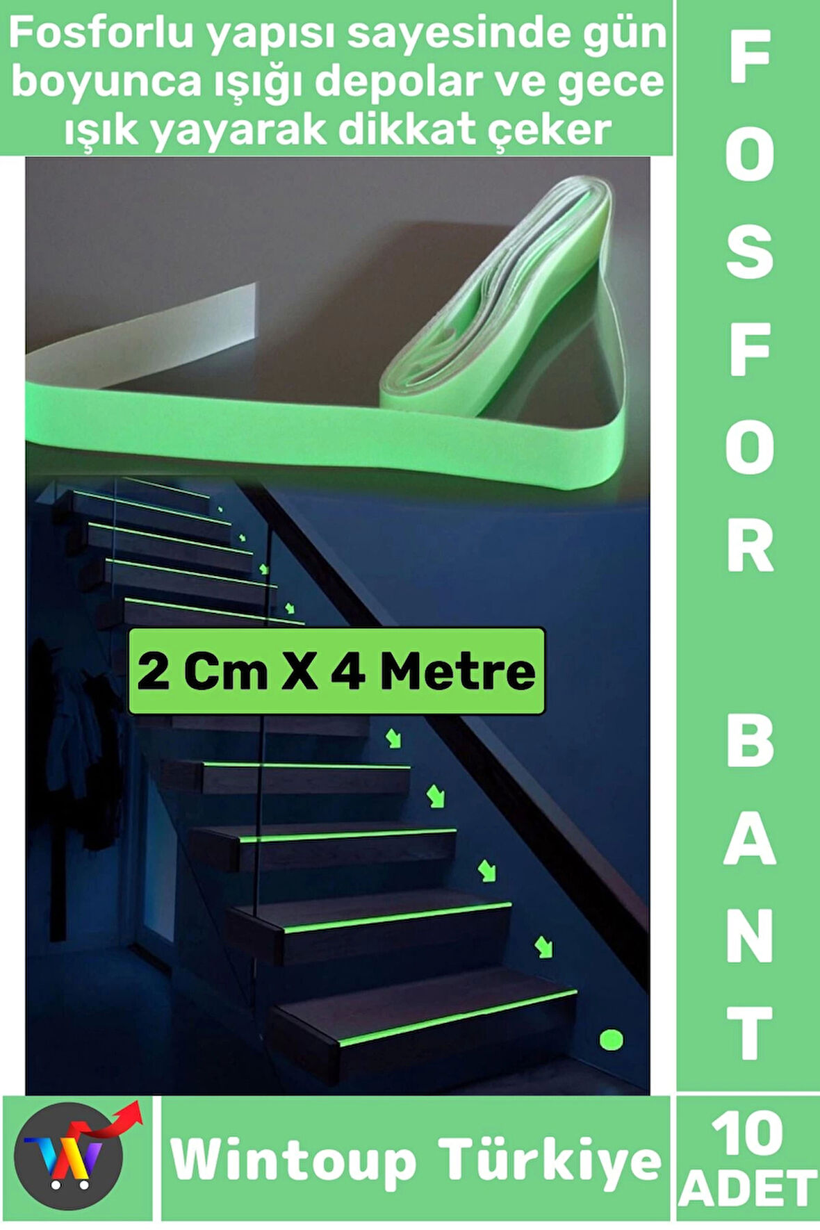 Karanlıkta Parlayan Acil Durum Çıkış Merdiven Kenar Esnek Güçlü Yapışkan Fosfor Bant 2 CmX4 Mtr 10Ad