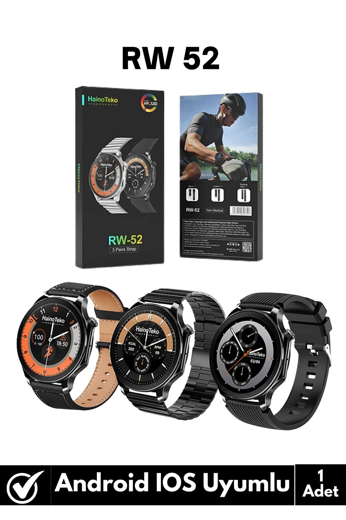 Premium Yeni Seri Rw52 3 Kordon Yuvarlak Amoled Ekran Arama/Bildirim/Sağlık Takibi Watch Akıllı Saat