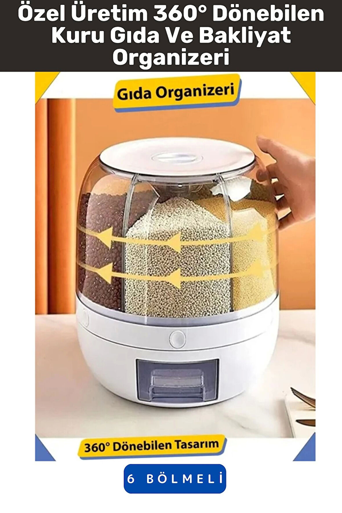 Yüksek Kaliteli Ergonomik Pratik 360° Döner 6 X 1 Lt Kapasiteli Mutfak Kuru Gıda Bakliyat Organizeri