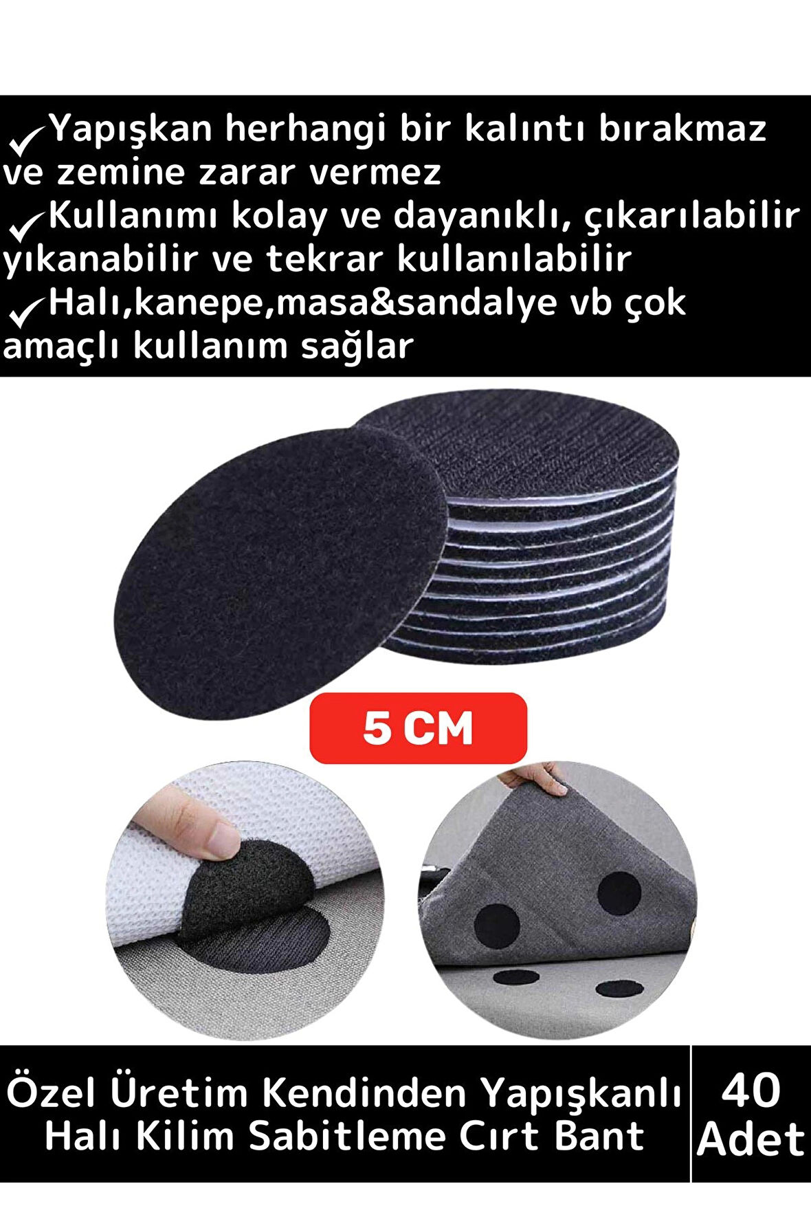 Özel Kendinden Yapışkanlı Yıkanabilir Tekrar Kullanılabilir Halı Kilim Kaydırmaz Cırt Bant 40 Adet