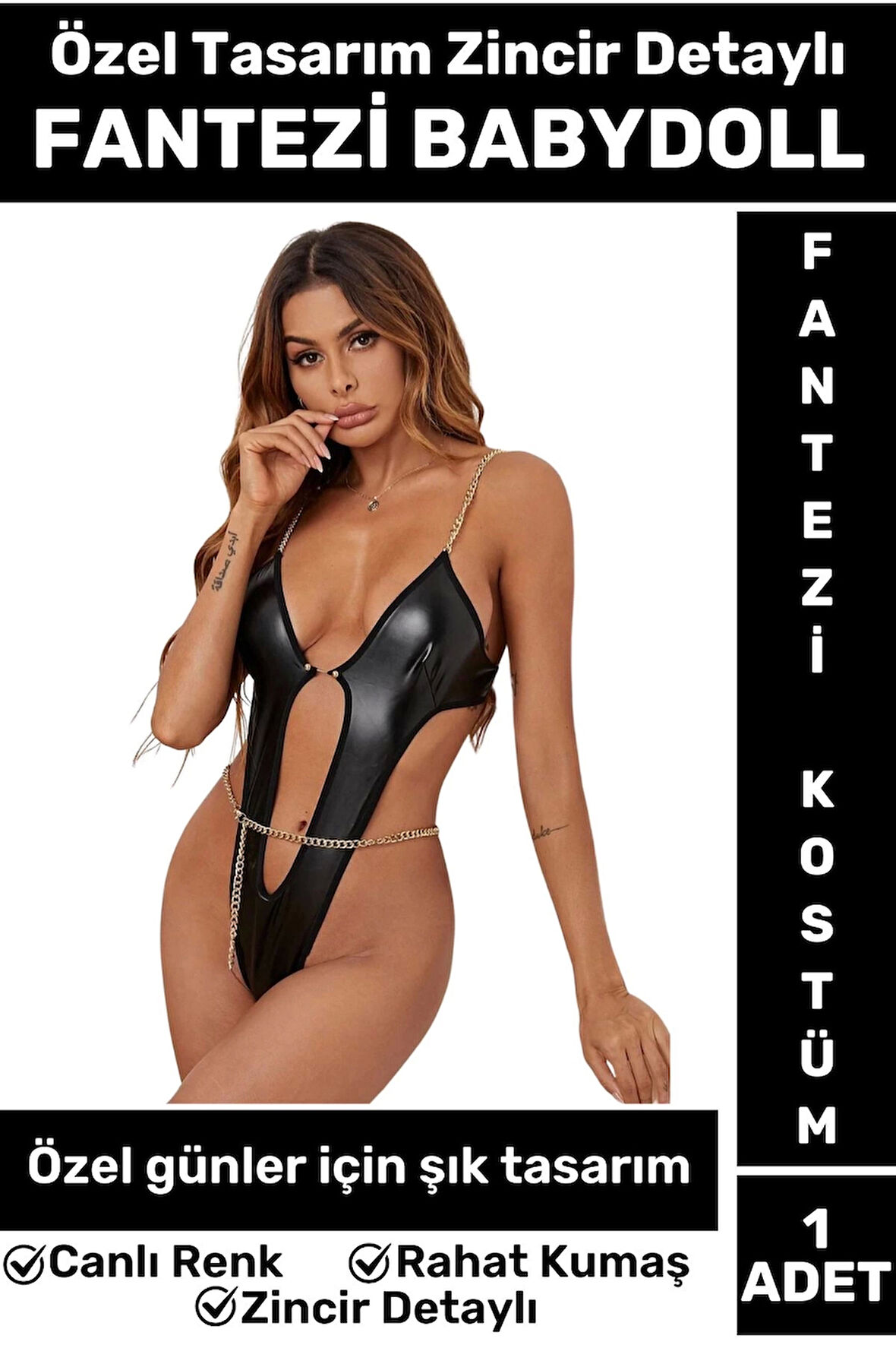 Özel Kreasyon Kaliteli Özel Gün Cosplay Deri Görünümlü Zincir Detaylı Erotik Siyah FANTEZİ BABYDOLL