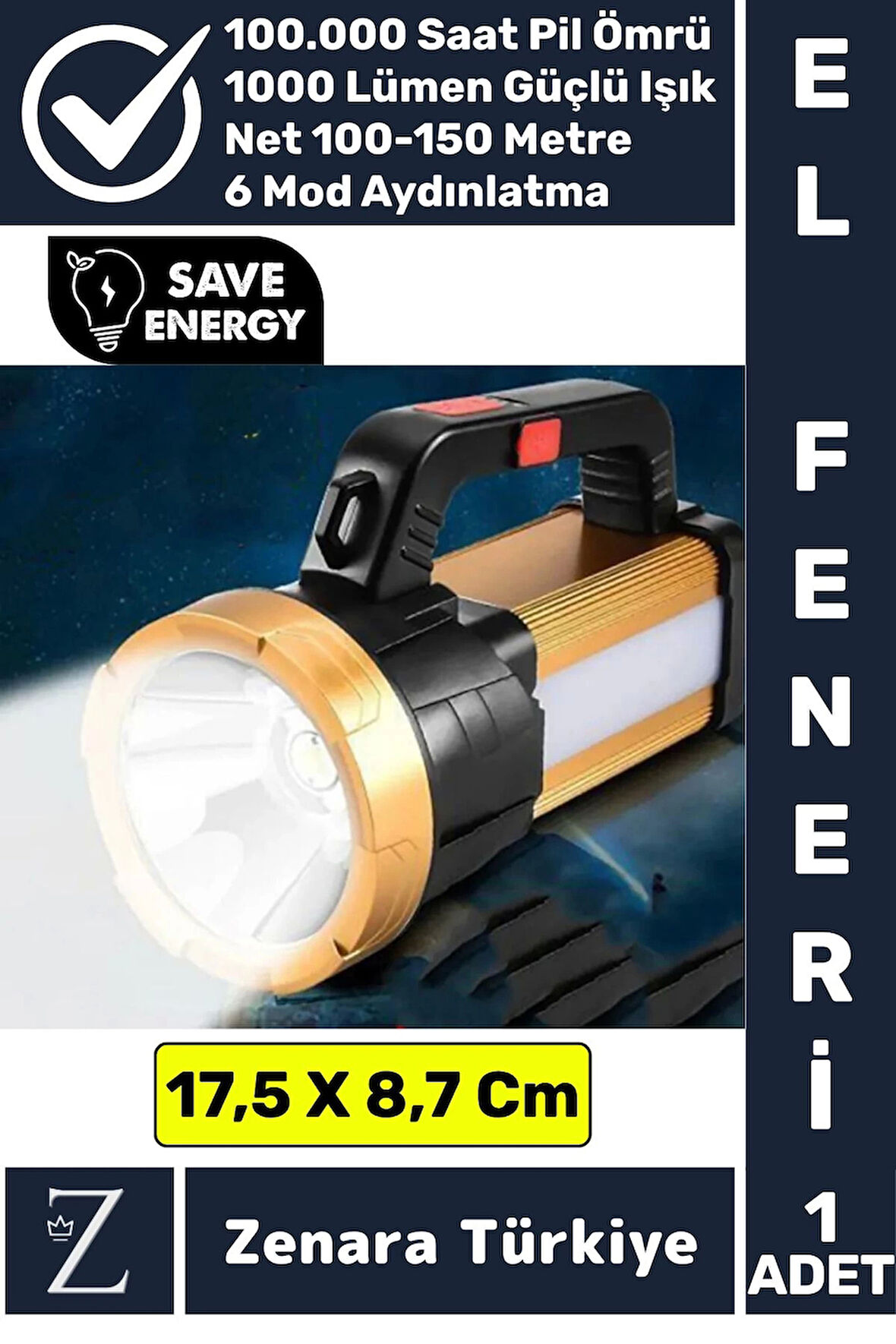 Profesyonel Kamp Avcı Güvenlik Deprem 6 Modlu 1000 Lümen Güçlü Beyaz Işık Şarjlı Projektör El Feneri