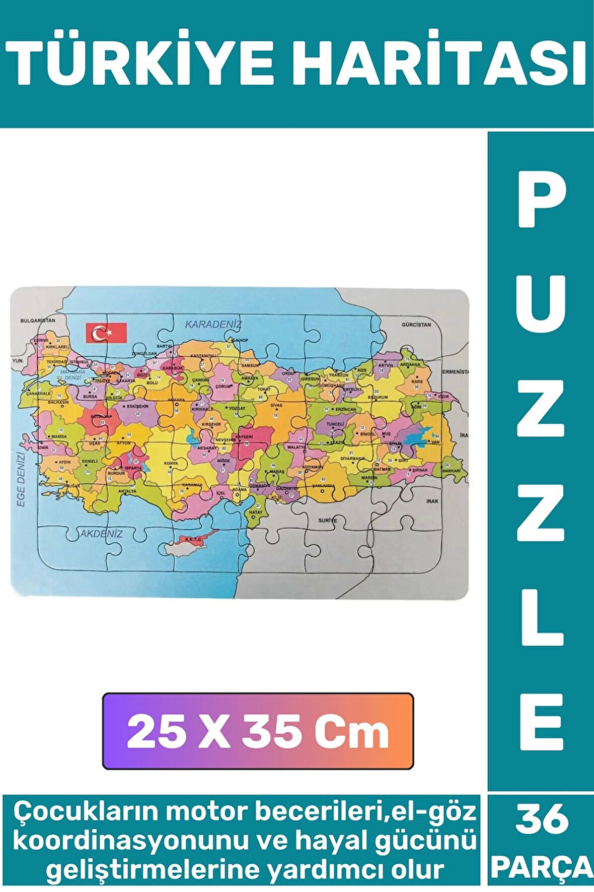 Eğitici Eğlenceli El-Göz Koordinasyonu Motor Becerisi Geliştiren 36 Parça Puzzle TÜRKİYE HARİTASI