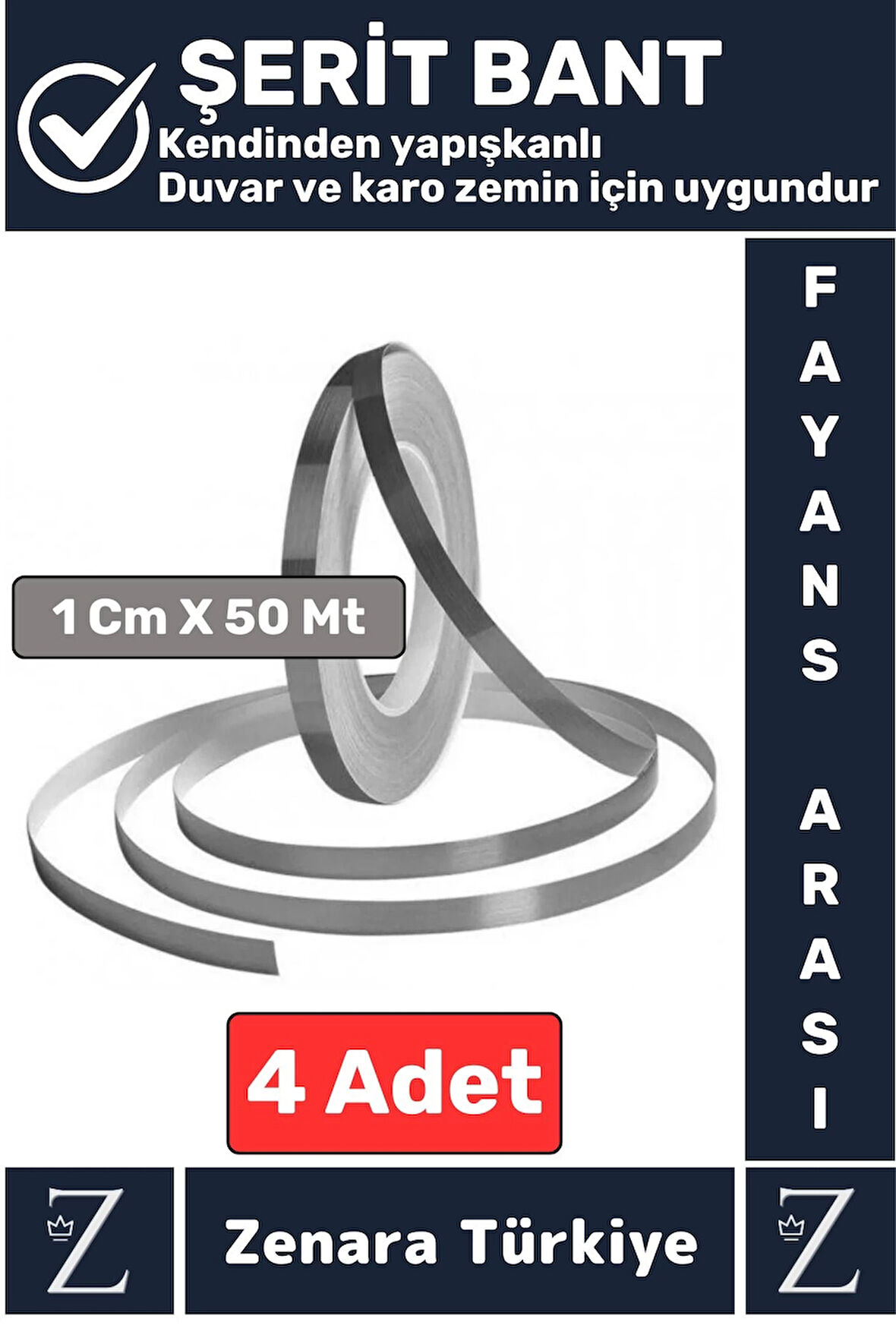 Premium Güçlü Kendinden Yapışkanlı Su Geçirmez Fayans Arası Şerit Derz Bant 1 Cm X 50 Metre 4 Adet