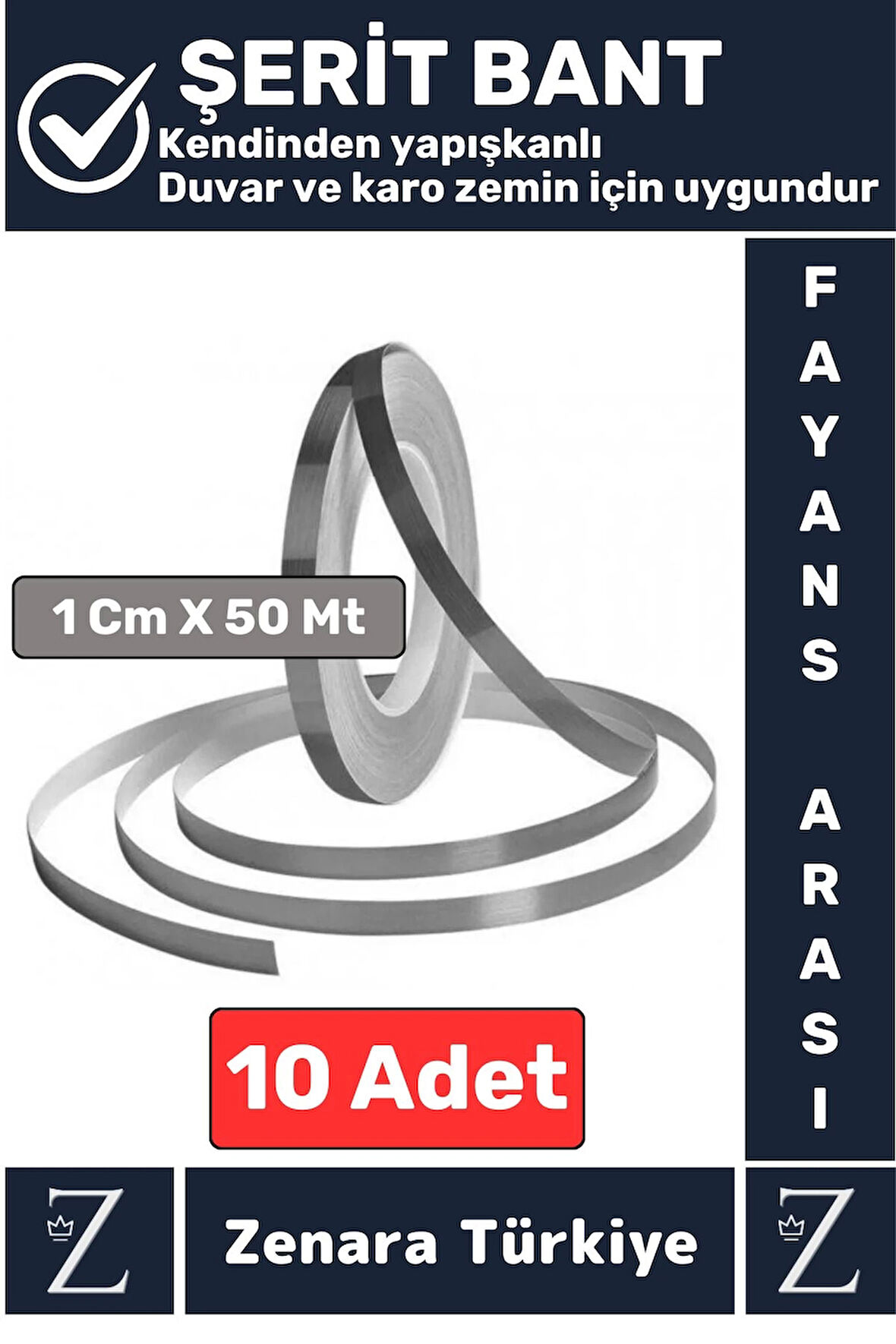 Premium Güçlü Kendinden Yapışkanlı Su Geçirmez Fayans Arası Şerit Derz Bant 1 Cm X 50 Metre 10 Adet