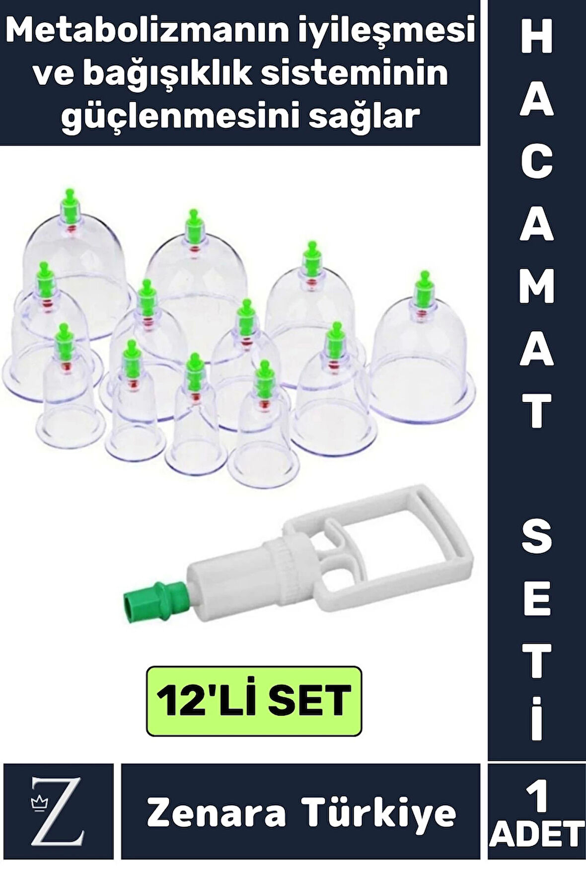 Yüksek Kaliteli Metabolizma Etkili 12'li Vakumlu Hacamat Kupası+4 Parmak Pompa Özel Set