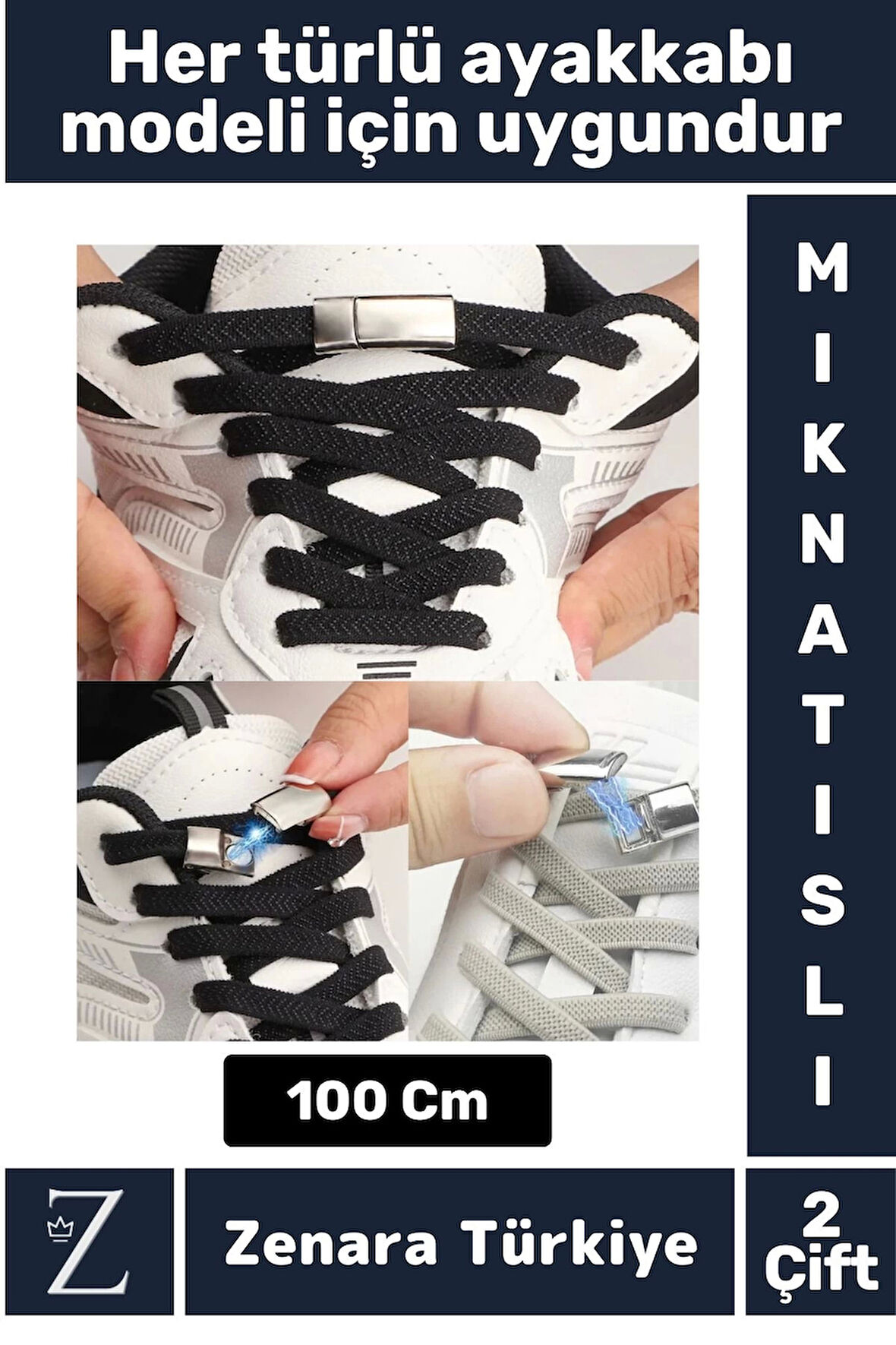 Premium Pratik Şık Klipsli Manyetik Mıknatıslı Lastikli Çocuk Ayakkabı Bağcığı 100 Cm 2 Çift