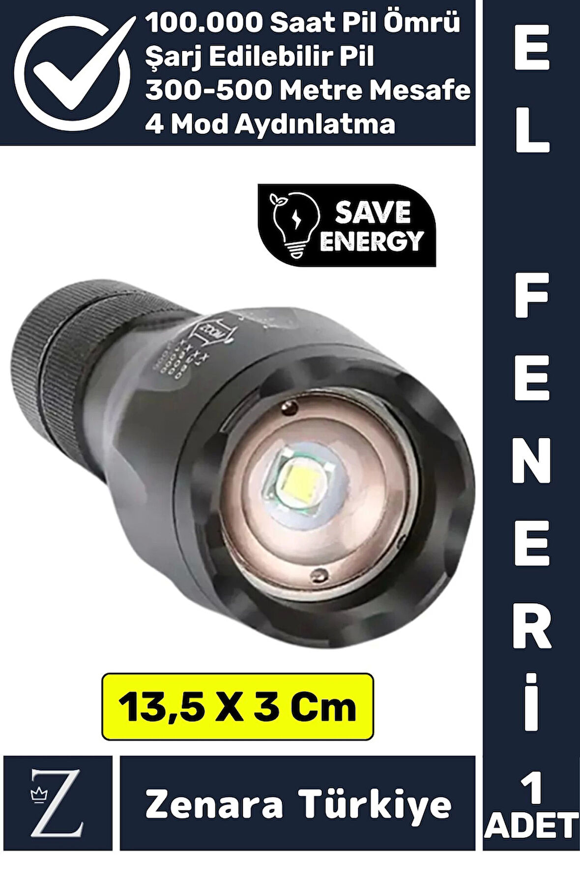 Kamp Avcı Güvenlik Balıkçı Deprem Enerji Tasarruflu 4 Mod Zoomlu Güçlü Beyaz Işık Şarjlı EL FENERİ