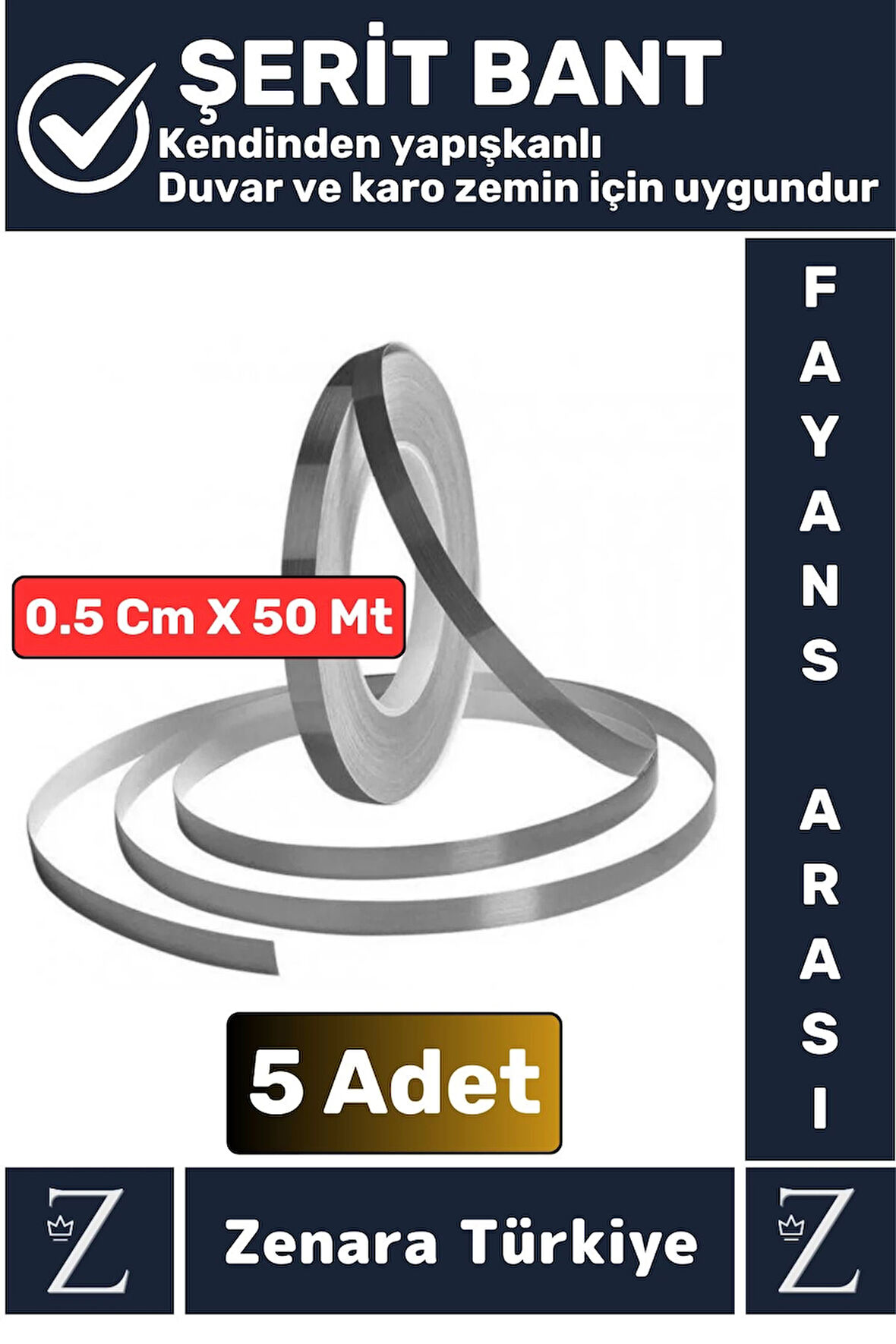 Premium Güçlü Kendinden Yapışkanlı Su Geçirmez Fayans Arası Şerit Derz Bant 0.5 Cm X 50 Metre 5 Adet