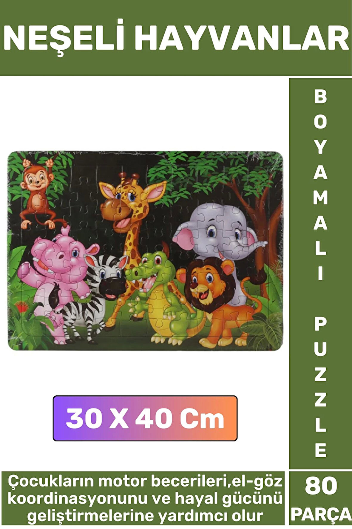 Premium Eğlenceli El Göz Koordinasyonu Motor Becerisi 80 Parça Boyamalı Puzzle NEŞELİ HAYVANLAR