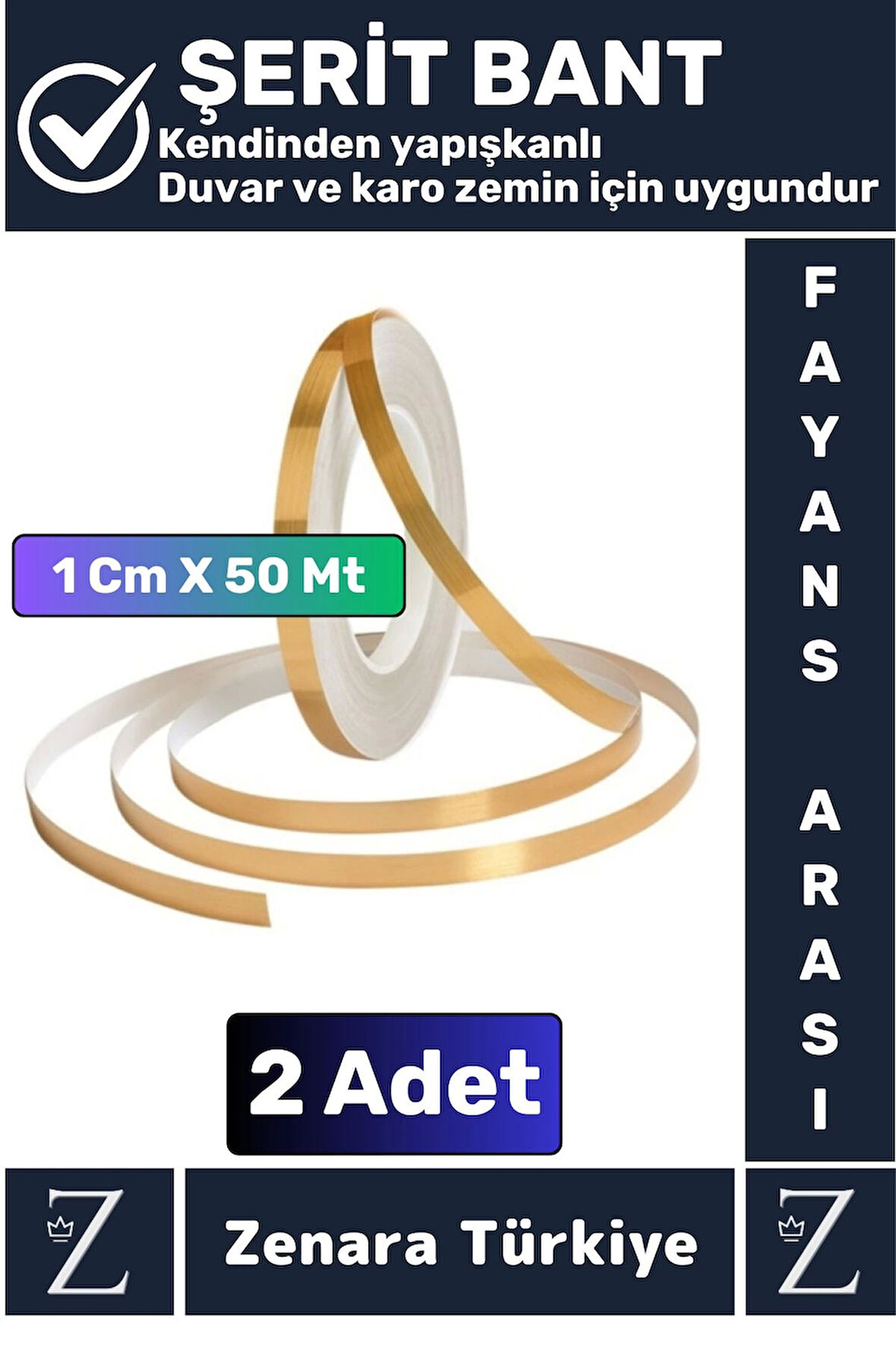 Premium Kendinden Yapışkanlı Su Geçirmez Fayans Arası GOLD Şerit Derz Bant 1 Cm X 50 Metre 2 Adet