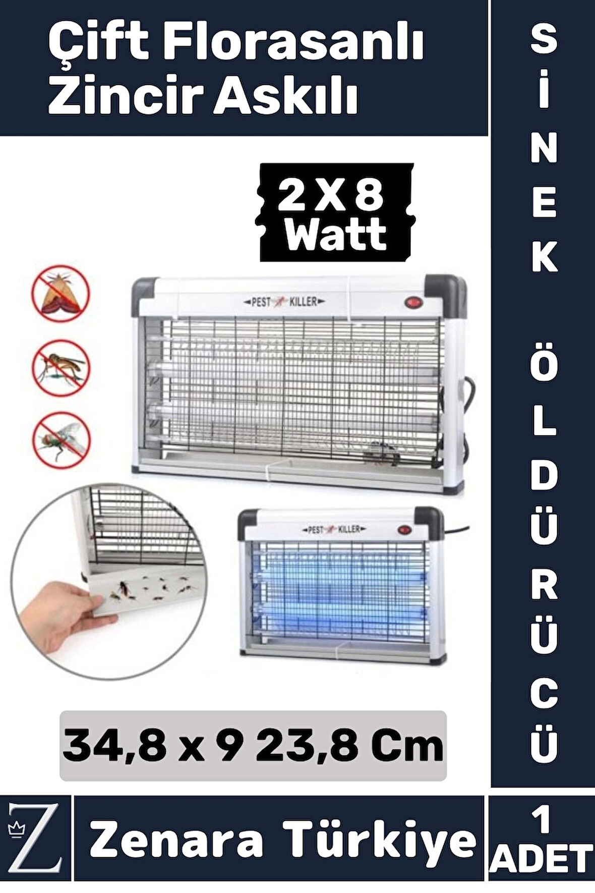 Premium Güçlendirilmiş UV Çift Florasanlı Zincir Askılı 16 Watt Sinek Kara Sinek Sivrisinek Öldürücü