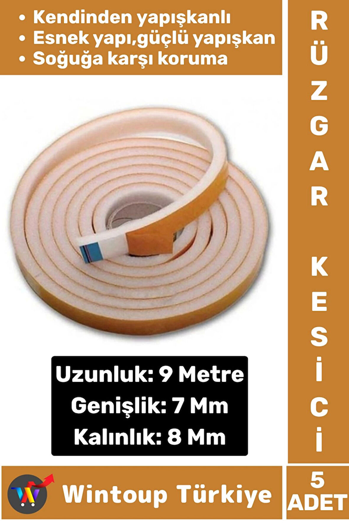 Premium Yapışkanlı Pencere İzolasyon Bantı Rüzgar Soğuk Kesici Cam Yalıtım Süngeri 9 Metre X 5 Adet