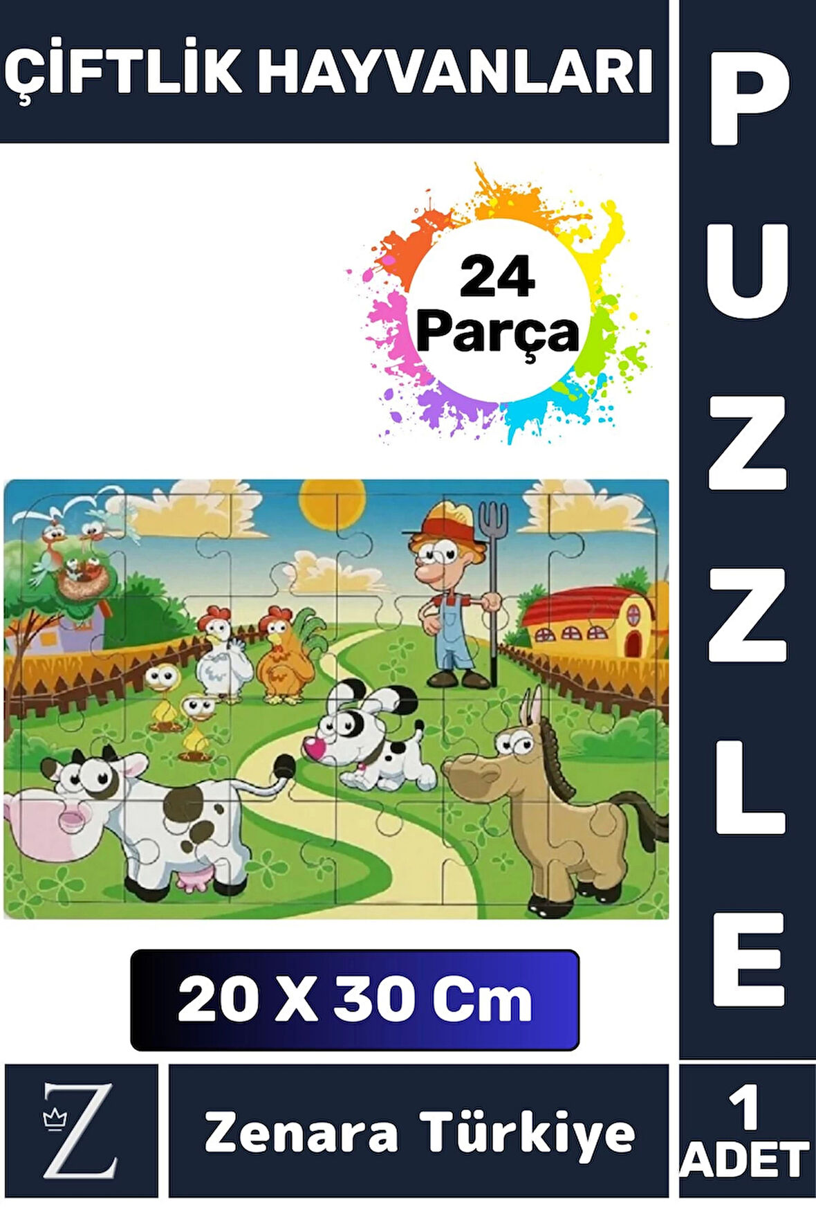 Eğlenceli Eğitici Görsel Algı Problem Çözme Becerisi Çocuk Büyük PUZZLE 24 Parça ÇİFTLİK HAYVANLARI