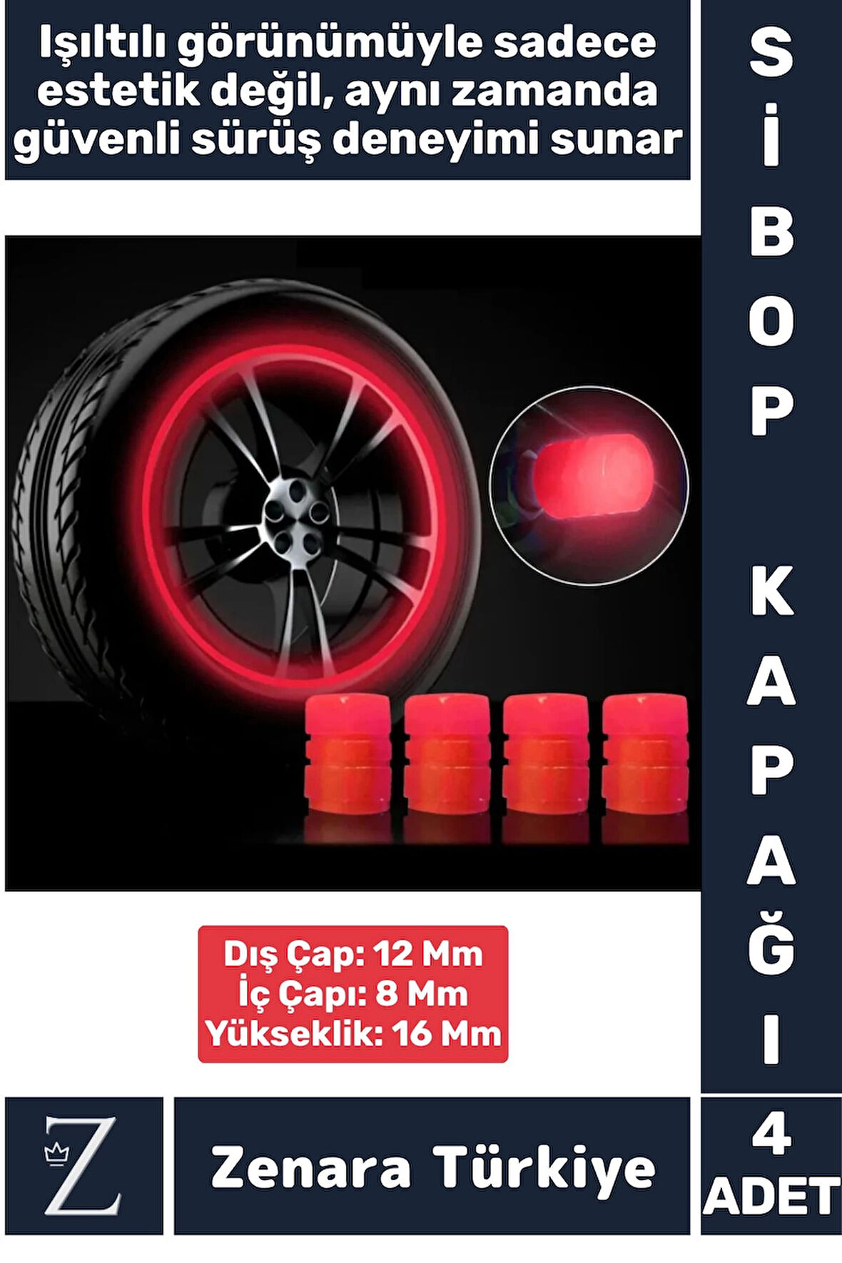 Tüm Otomobil Bisiklet Motosiklet Minibüslerle Uyumlu Kolay Montaj Fosforlu Sibop Kapağı 4 Adet