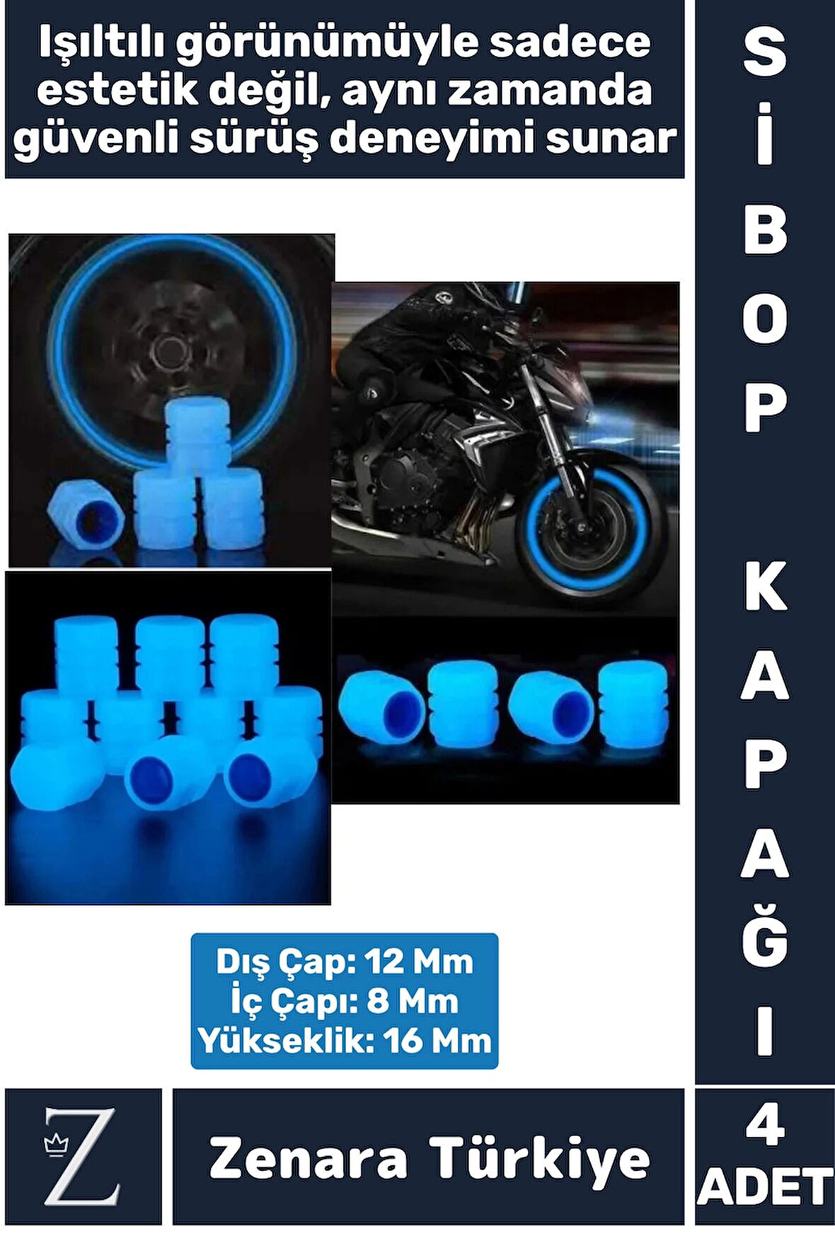 Tüm Otomobil Bisiklet Motosiklet Minibüslerle Uyumlu Kolay Montaj Fosforlu Sibop Kapağı 4 Adet