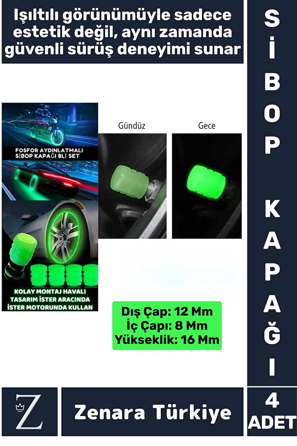 Tüm Otomobil Bisiklet Motosiklet Minibüslerle Uyumlu Kolay Montaj Fosforlu Sibop Kapağı 4 Adet