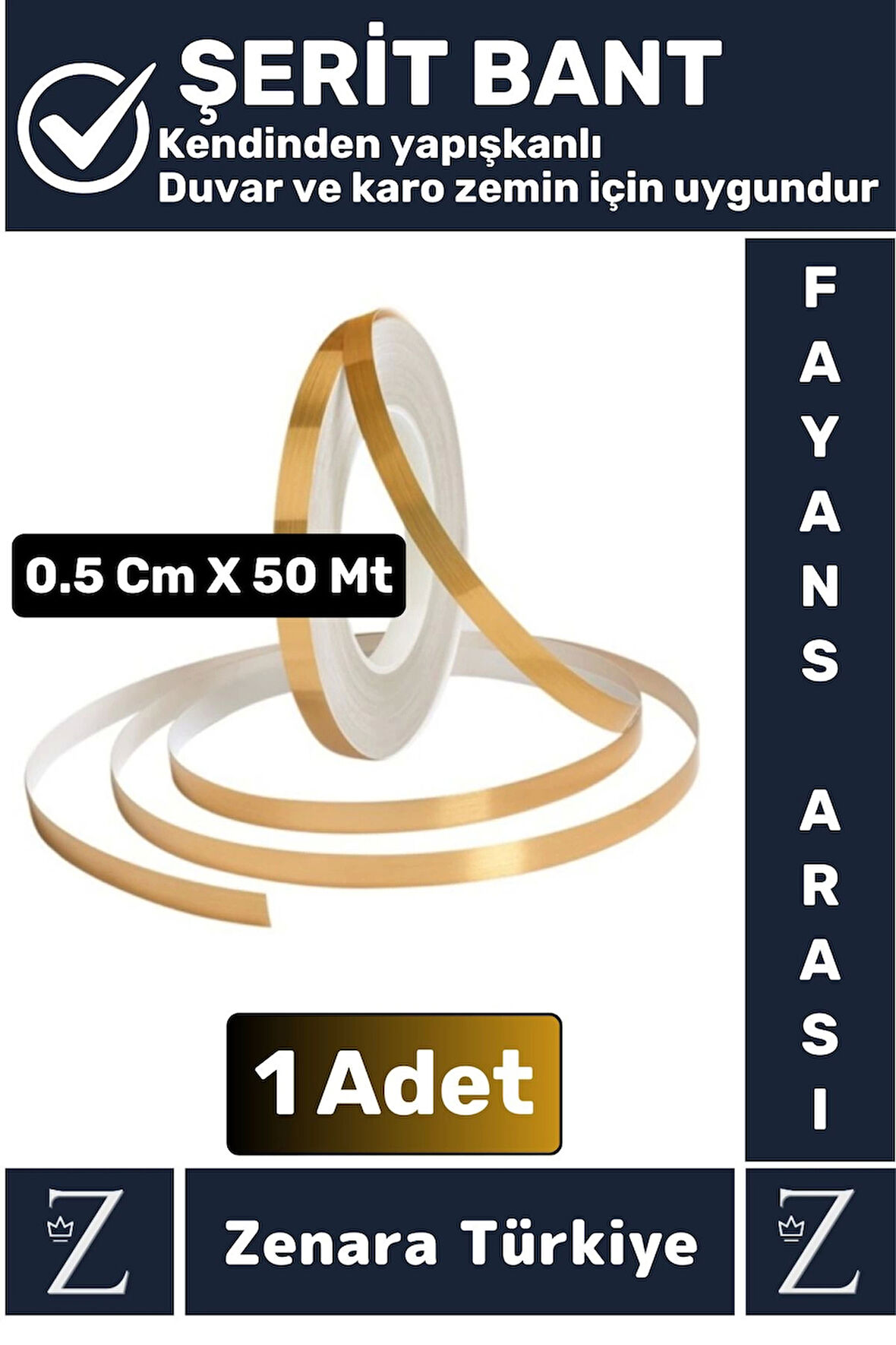 Premium Güçlü Kendinden Yapışkanlı Su Geçirmez Fayans Arası GOLD Şerit Derz Bant 0.5 Cm X 50 Metre