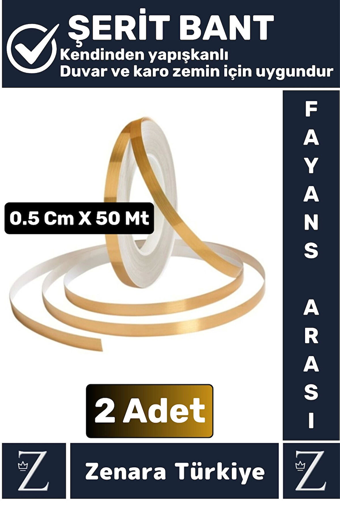 Premium Kendinden Yapışkanlı Su Geçirmez Fayans Arası GOLD Şerit Derz Bant 0.5 Cm X 50 Metre 2 Adet