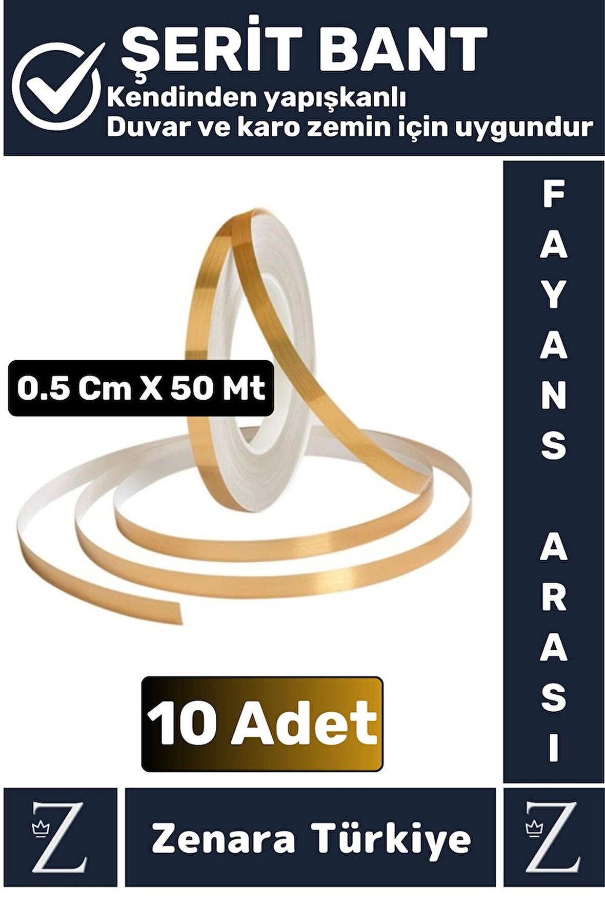 Premium Kendinden Yapışkanlı Su Geçirmez Fayans Arası GOLD Şerit Derz Bant 0.5 Cm X 50 Metre 10 Adet