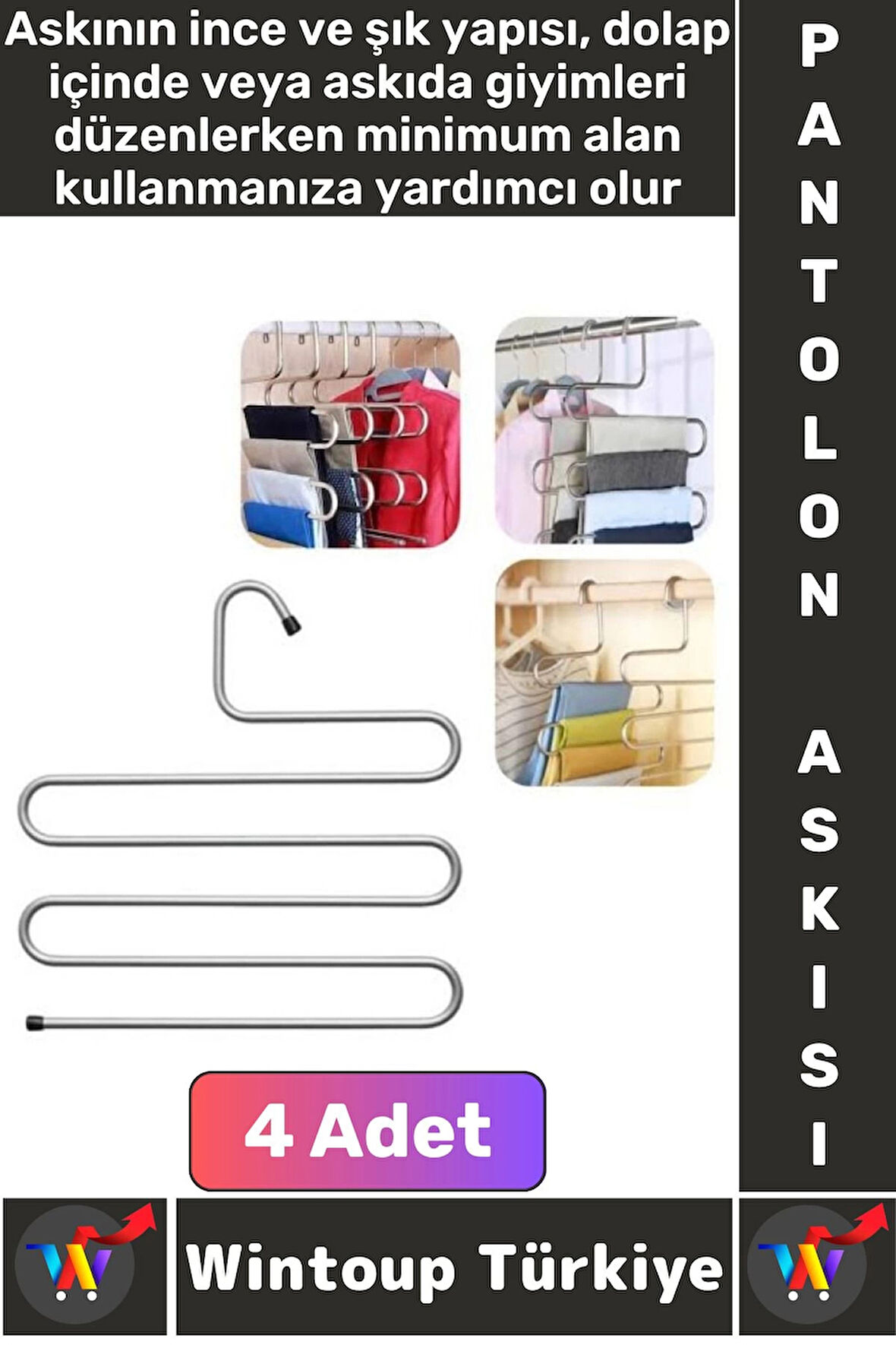 Dayanıklı Kolay Temizlenir Kaymaz Dolap İçi Düzenleme Giysi Havlu Kravat Pantolon Krom Askı 4 Adet