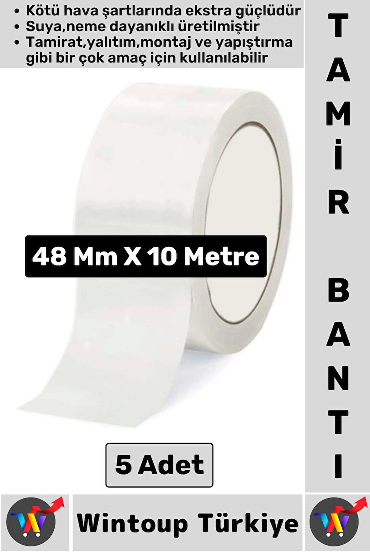 Ultra Güçlü Su Neme Dayanıklı Çok Amaçlı Montaj Onarım İzolasyon Tamir Bantı Beyaz 48 Mmx10 Mt 5 Adt