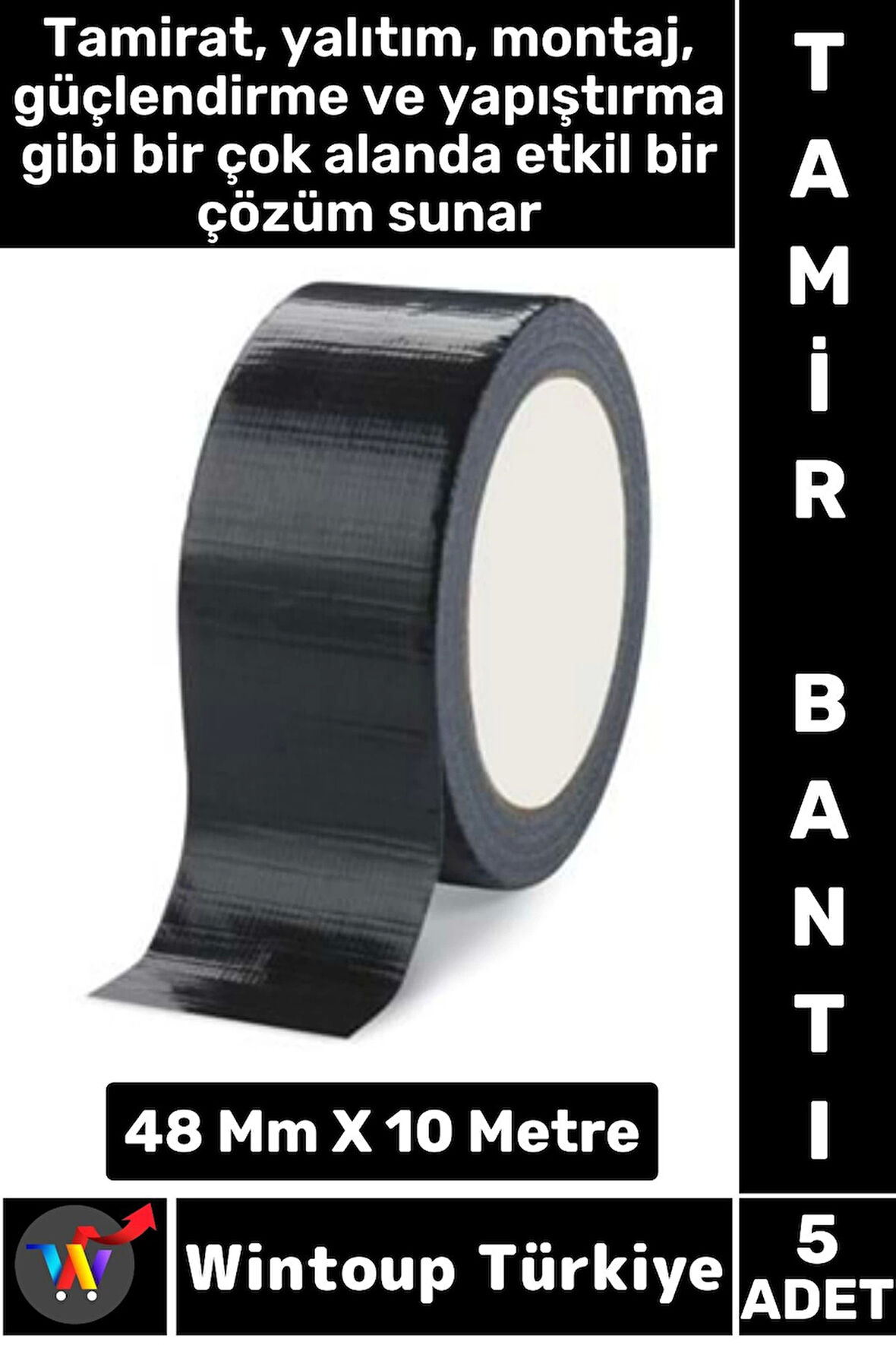 Uzun Ömürlü Su Nem Küfe Dayanıklı Çok Amaçlı SİYAH Montaj Onarım Tamir Bantı 48 Mm X 10 Metre 5 Adet