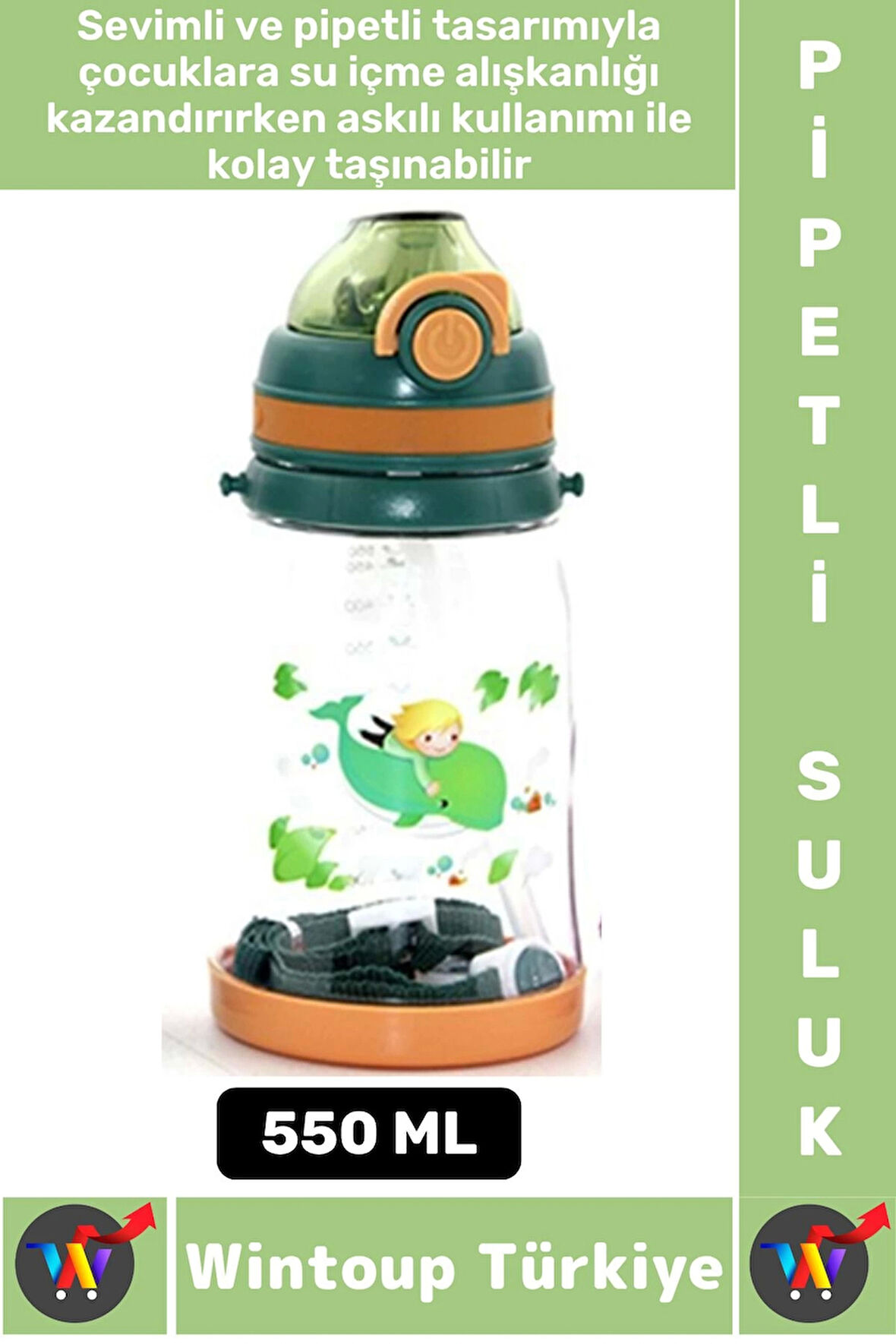 Dayanıklı Tritan Ev Ofis Çocuk Okul Spor BPA İçermeyen Askılı Eğlenceli Renkli Pipetli SULUK 550 ML