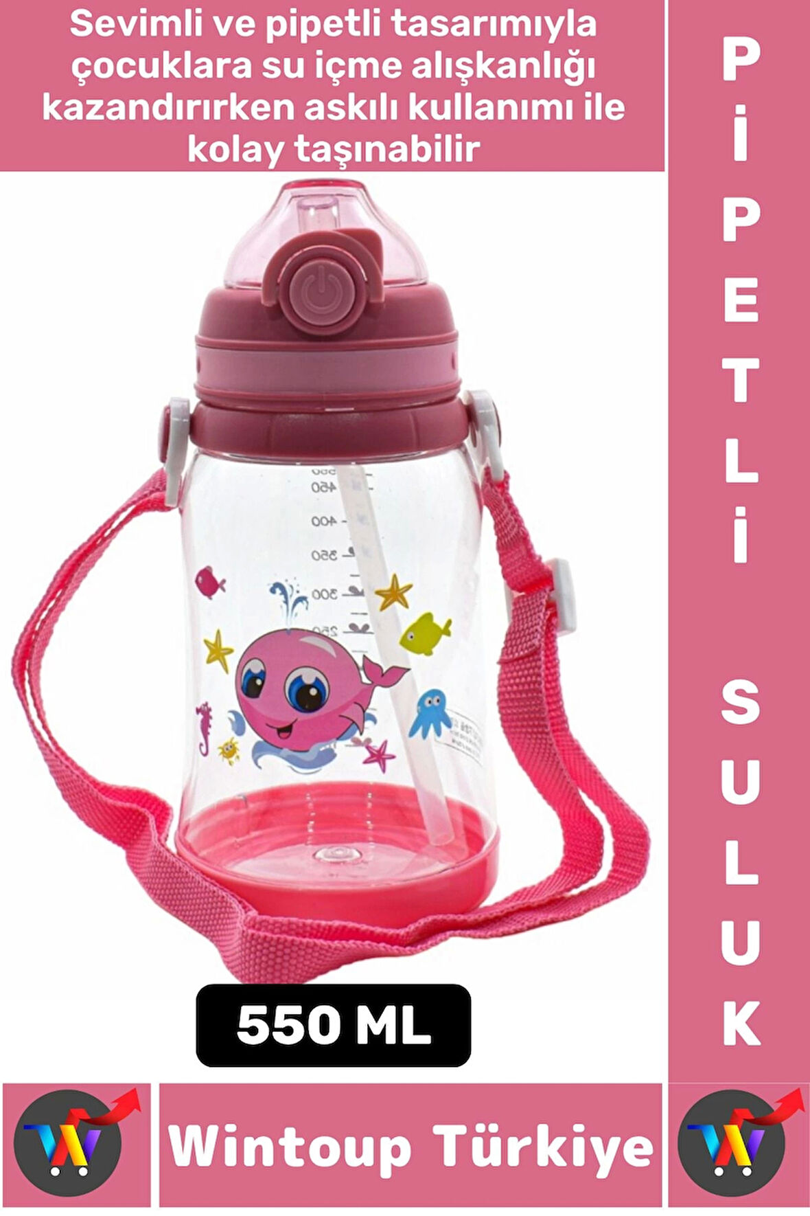 Dayanıklı Tritan Ev Ofis Çocuk Okul Spor BPA İçermeyen Askılı Eğlenceli Renkli Pipetli SULUK 550 ML