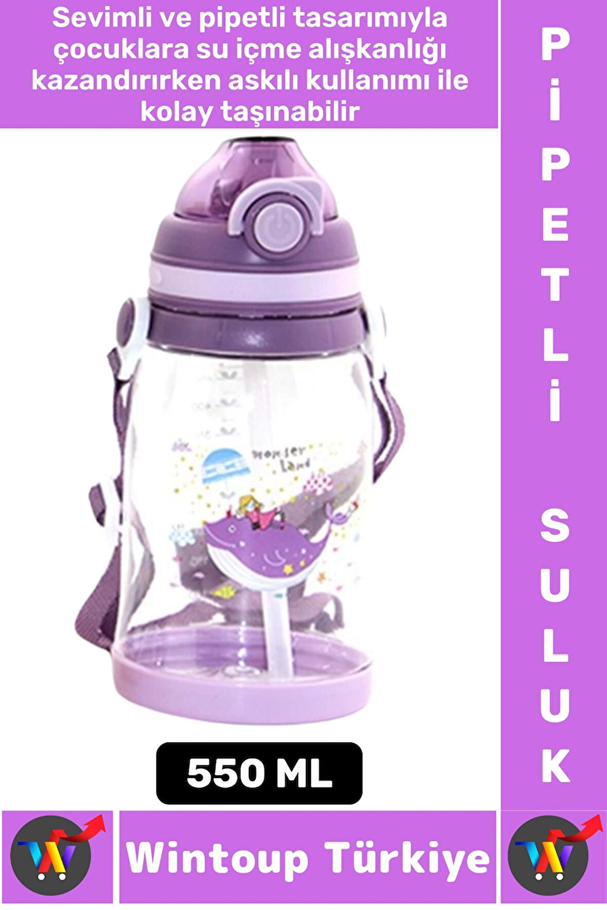 Dayanıklı Tritan Ev Ofis Çocuk Okul Spor BPA İçermeyen Askılı Eğlenceli Renkli Pipetli SULUK 550 ML