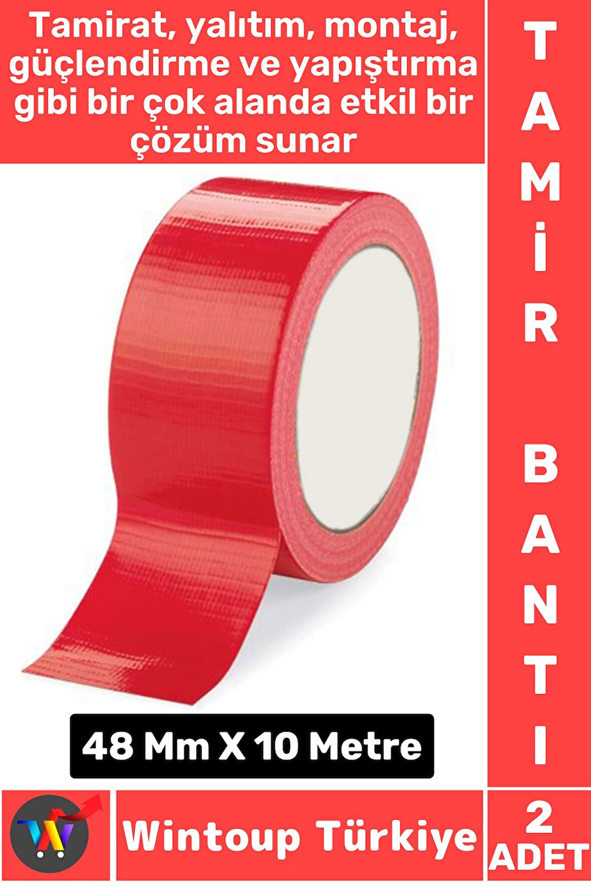 Uzun Ömürlü Su Nem Küfe Dayanıklı Çok Amaçlı KIRMIZI Montaj Onarım Tamir Bantı 48 MmX10 Metre 2 Adet