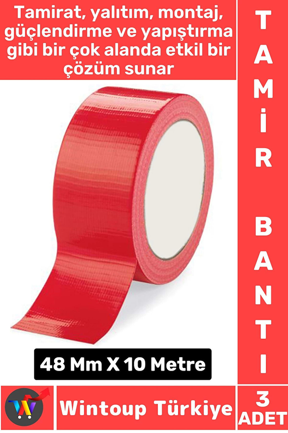 Uzun Ömürlü Su Nem Küfe Dayanıklı Çok Amaçlı KIRMIZI Montaj Onarım Tamir Bantı 48 MmX10 Metre 3 Adet