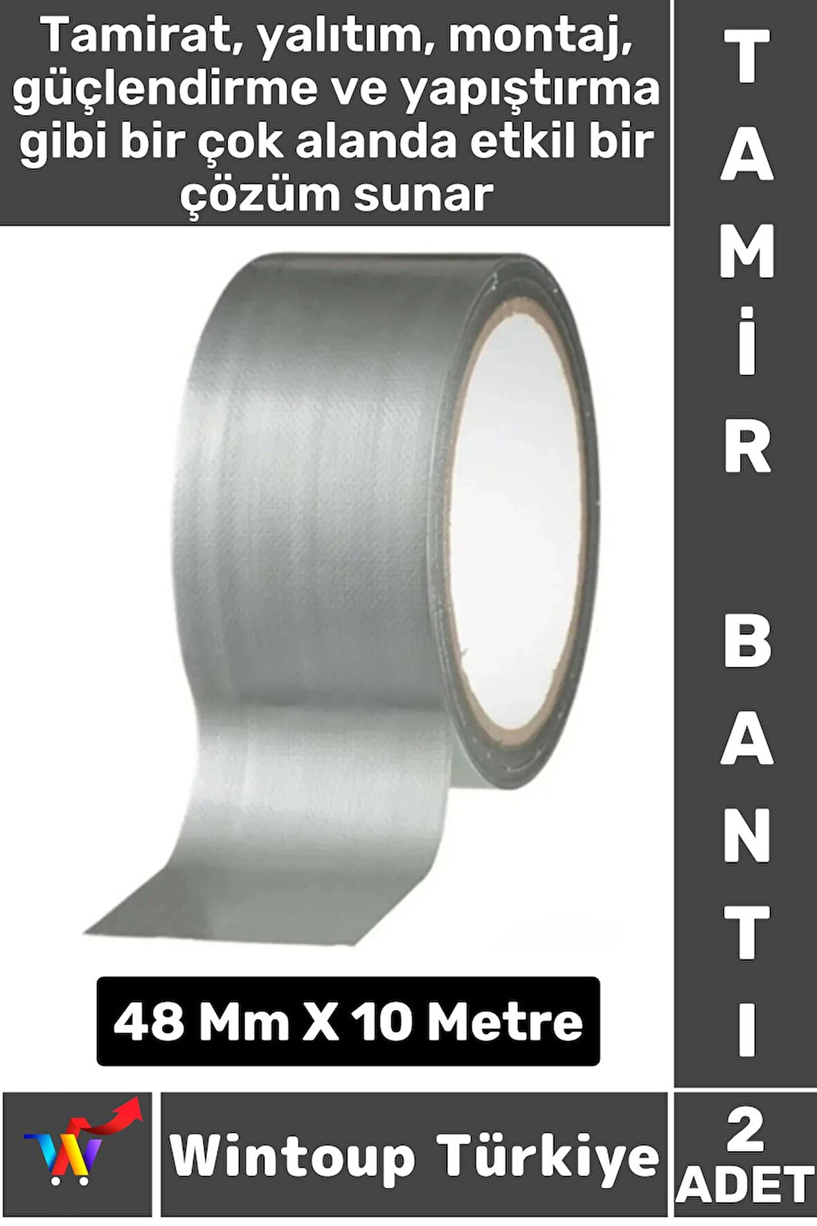 Uzun Ömürlü Su Nem Küfe Dayanıklı Çok Amaçlı GRİ Montaj Onarım Tamir Bantı 48 Mm X 10 Metre 2 Adet